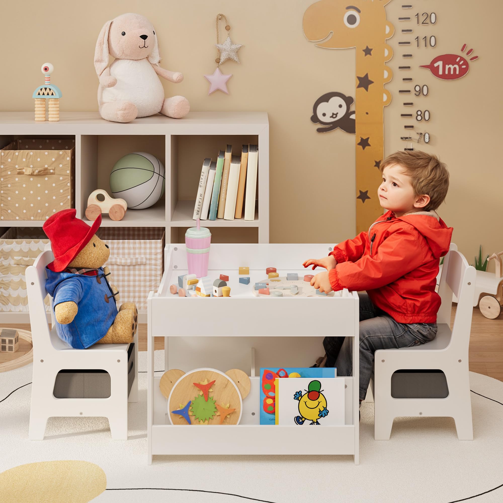 Aiho 3 Piece Child Table and Chair Set, 4-in-1 Kids Table Set, Child Activity Desk with Chalkboard/Whiteboard and Bookshelf - Gray