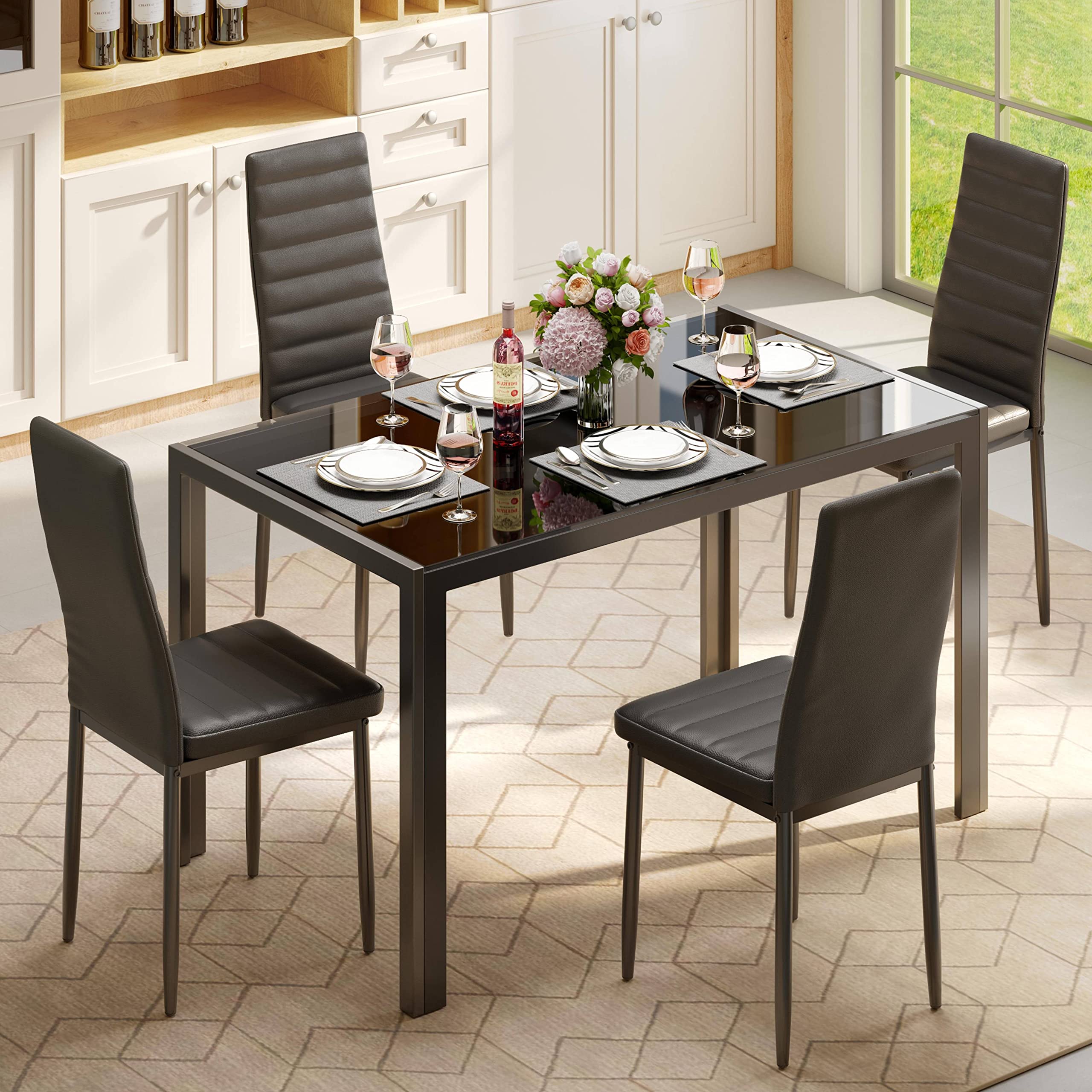 Aiho 5 Piece Kitchen Dining Set with 4 PU Leather Chairs and Glass Table Top, Glass Dining Set for 4, Modern Dining Room Sets for Kitchen, Living Room - Black