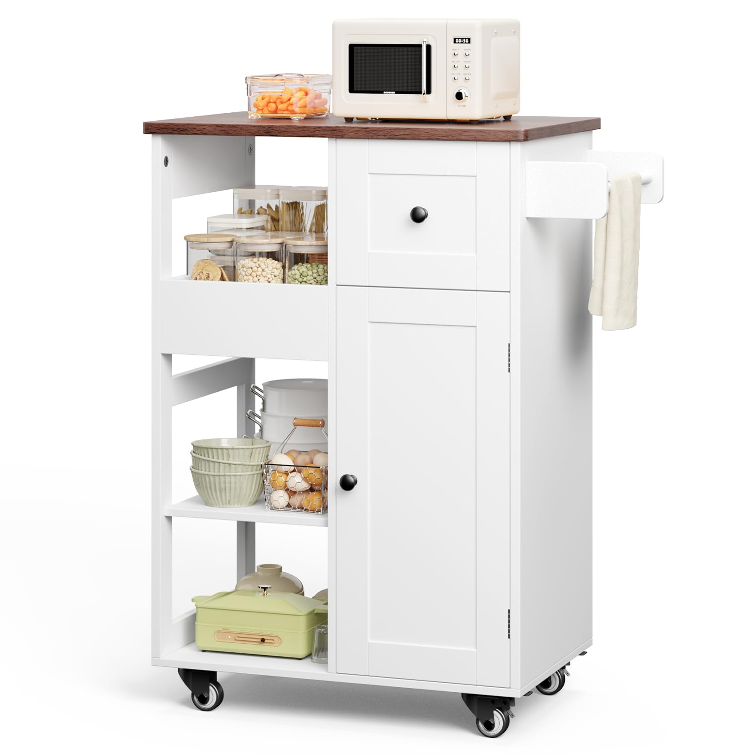 23.6" W Aiho Rolling Kitchen Island on Wheels with Spice Rack, Removable Tray, Drawers, Island Table for Kitchen with Adjustable Shelves, For Kitchen, Dining Room, Coffee Bar, White and Retro Tabletop