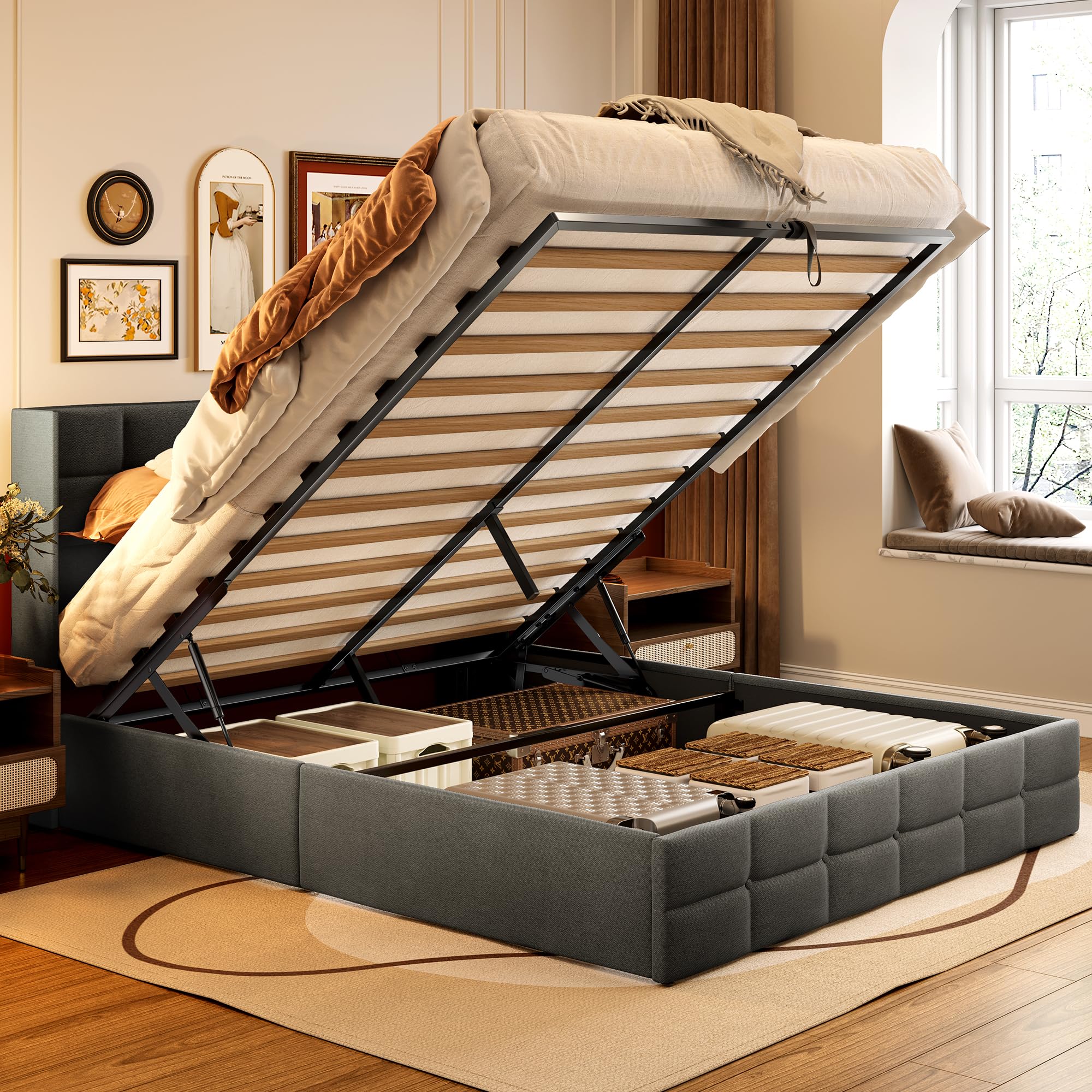 Aiho Full Lift Up Storage Bed, Full Size Bed Frame with Big Underneath Storage & Modern Wingback Headboard & No Box Spring Needed - Gray