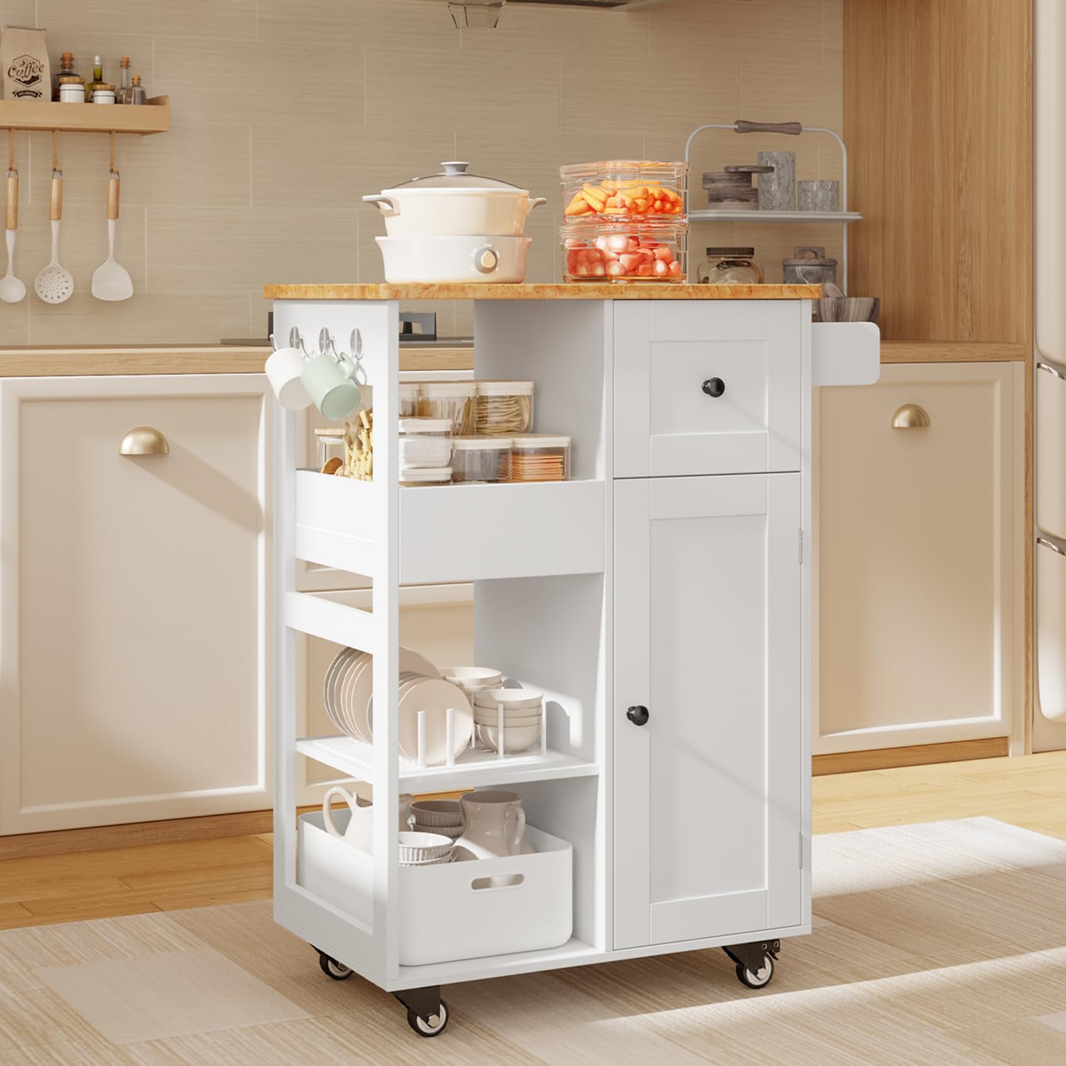 Aiho 17.7" x 33" Kitchen Island Cart with Storage,Rolling Kitchen Island Side Table on Wheels with Worktop,Spice Rack ,Adjustable Shelves and Drawer for Kitchen,Dining Room - Black