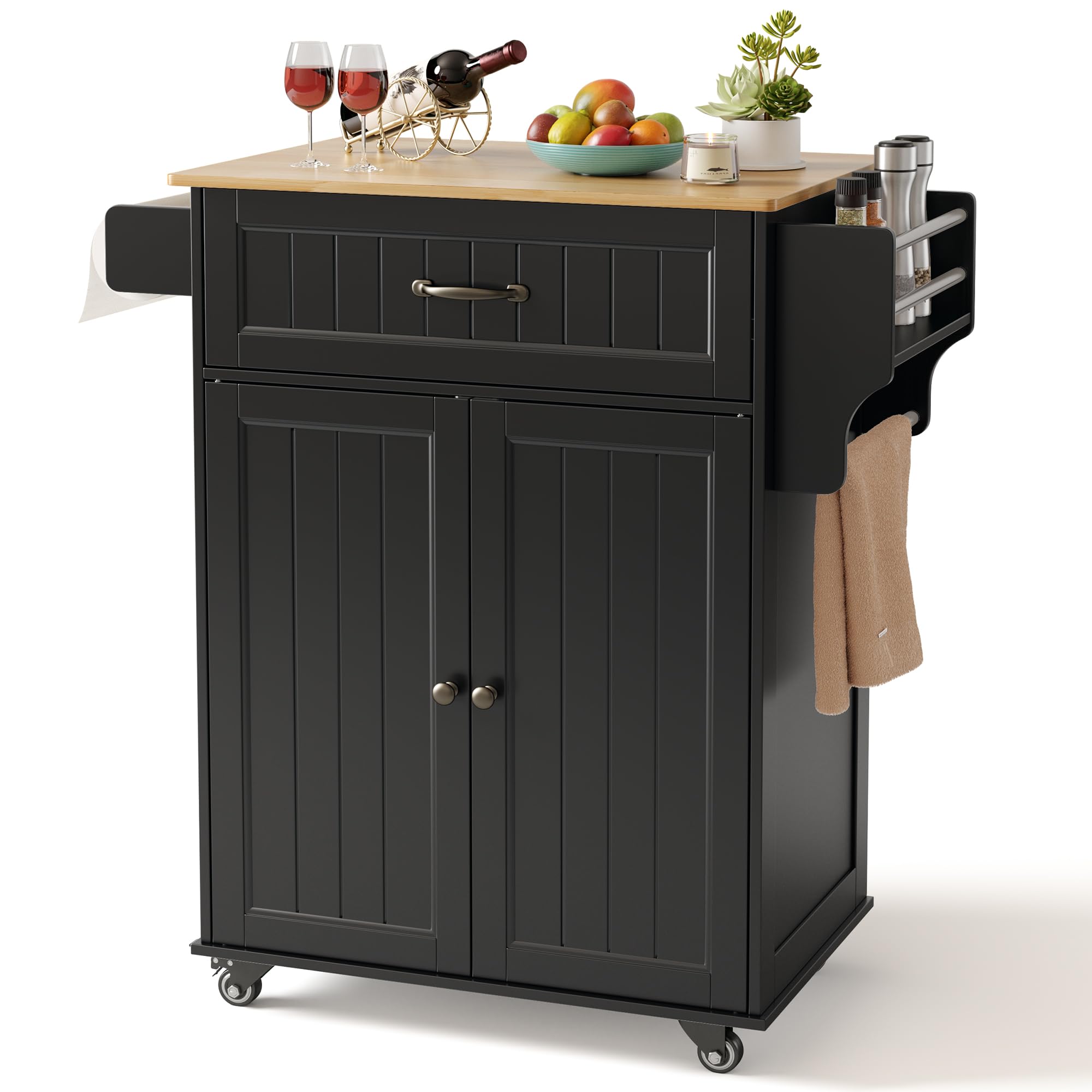 Aiho Kitchen Island with Storage, Microwave Stand with Worktop, Spice Rack & Adjustable Shelves & 1 Drawer, Perfect for Kitchen, Bar, Black