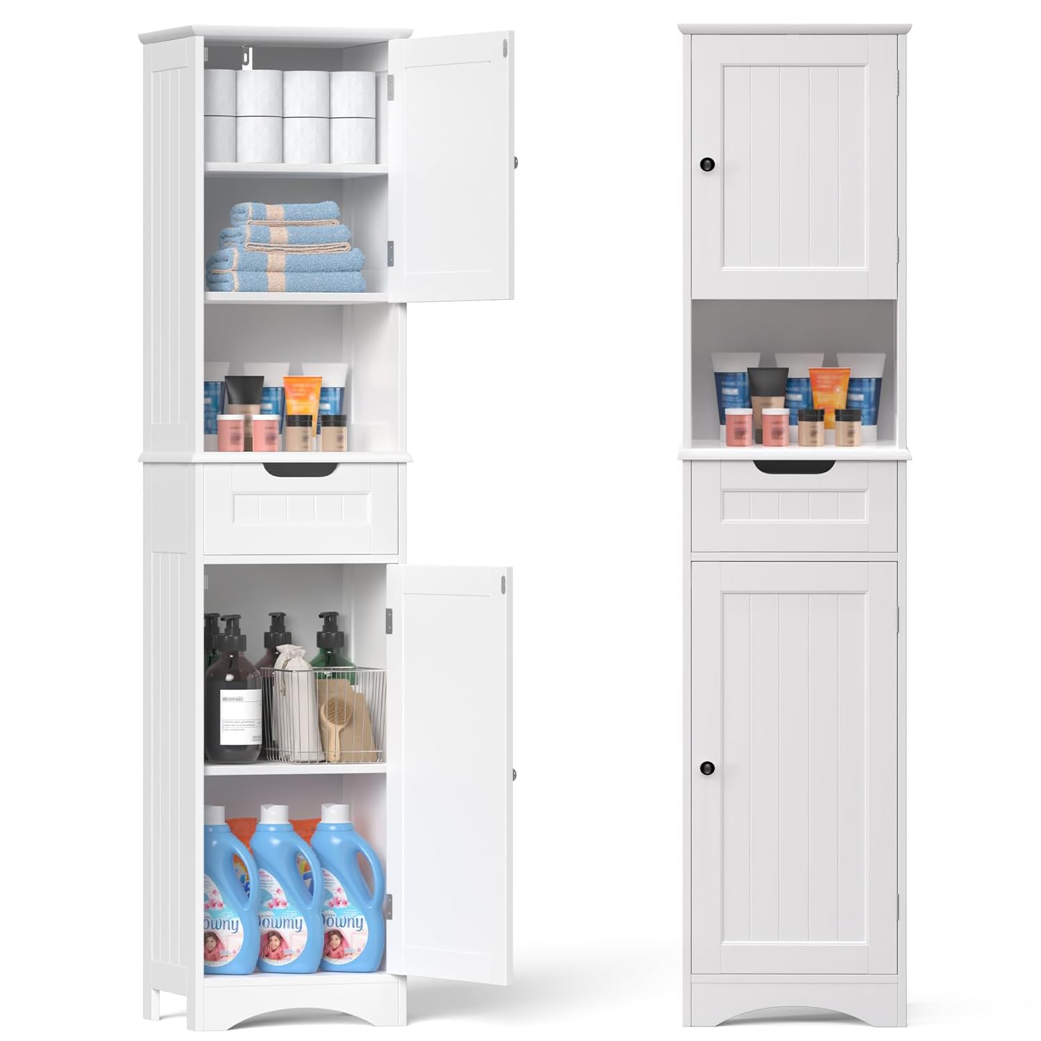 Aiho Bathroom Storage Cabinet, White Linen Cabinet, Narrow Tall Cabinet Storage Tower with Door ,Drawer and Open Storag