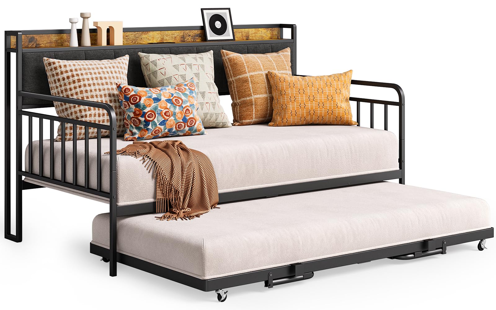 Aiho Daybed with Trundle, Twin Day Bed Frame with Storage Headboard and Charging Station, Sturdy Metal Sofa Bed with Pull-Out Trundle for Living Room, Bedroom and Guest Room - Grey