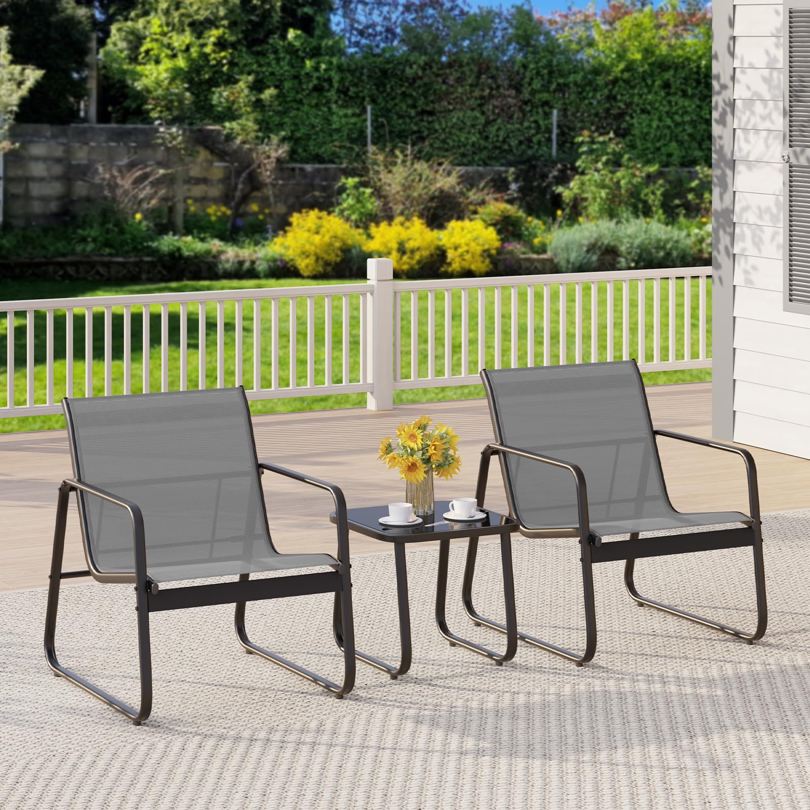 Aiho 3 Pieces Outdoor Patio Furniture Set with Textilene Material, Outdoor Chairs Set of 3 with Tempered Glass Table, Perfect for Garden, Lawn, Patio, Pool, Backyard, Balcony, Porch-Black