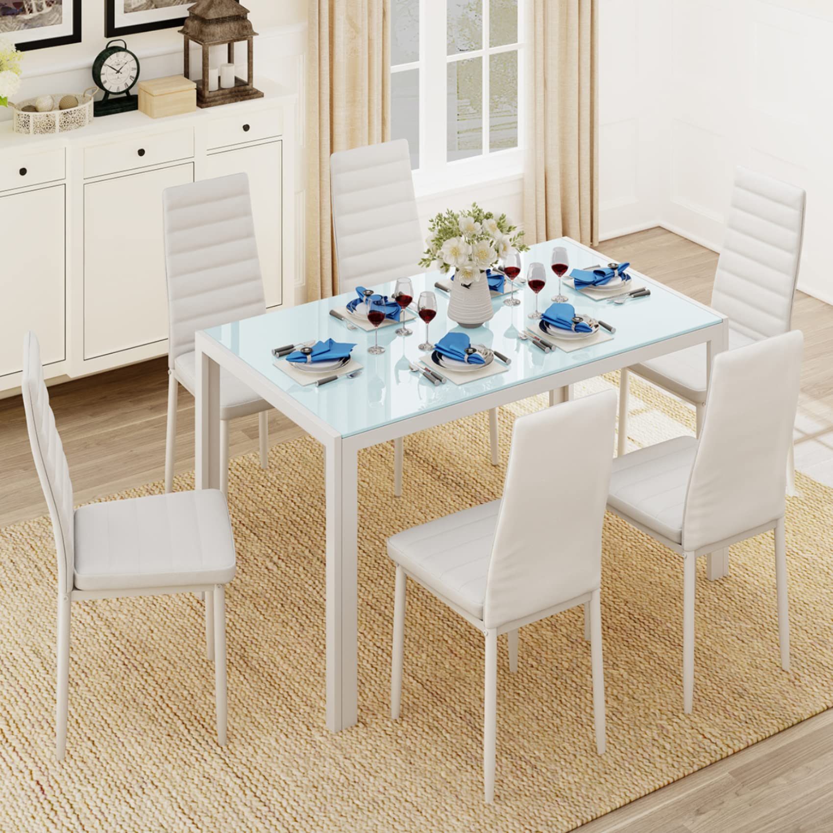 Aiho Dining Table with 6 PU Leather Chairs, Morden Kitchen Table Chairs Set for 6 Person, Perfect for Dining Room, Kitchen, Living Room, White