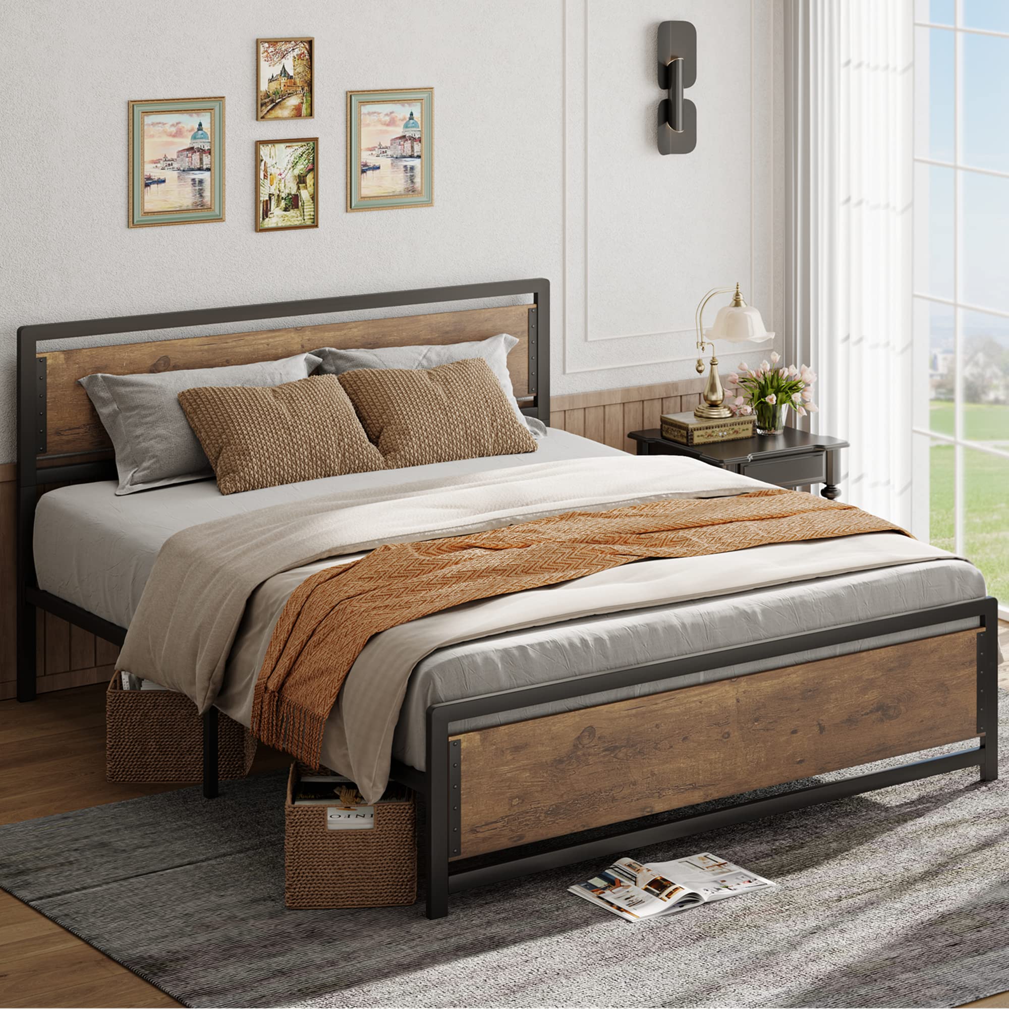 Aiho Full Size Metal Platform Bed Frame with Square Frame Wooden Headboard&Footboard, 10.8" Under-bed Storage Space - Brown