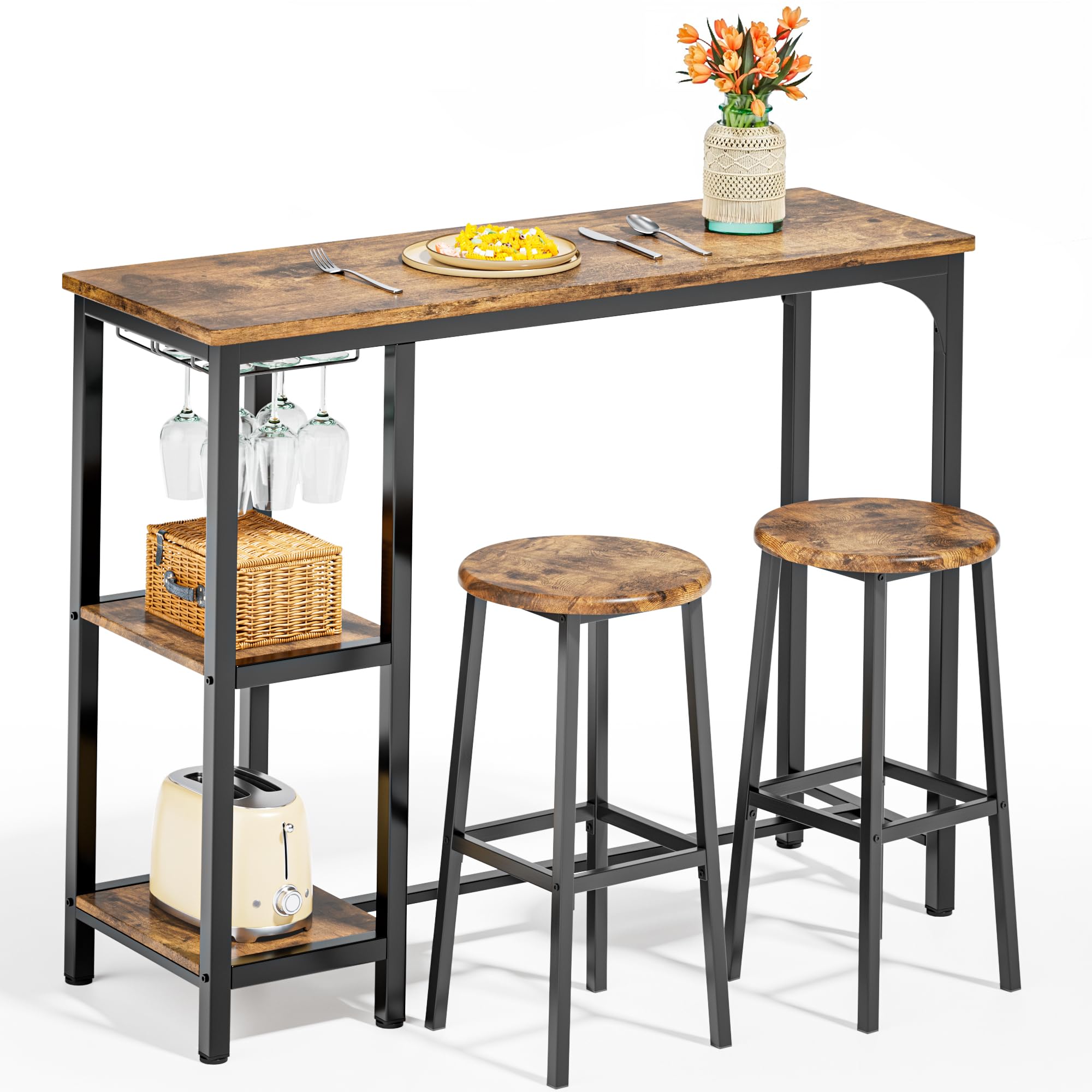 Aiho Dining Table Set for 2 Person, 3 Pieces Bar Bar Table and Chairs Set with 2 Storage Shelves & Glass Rack, For Kitchen, Dining Room, Bar, Rustic Brown