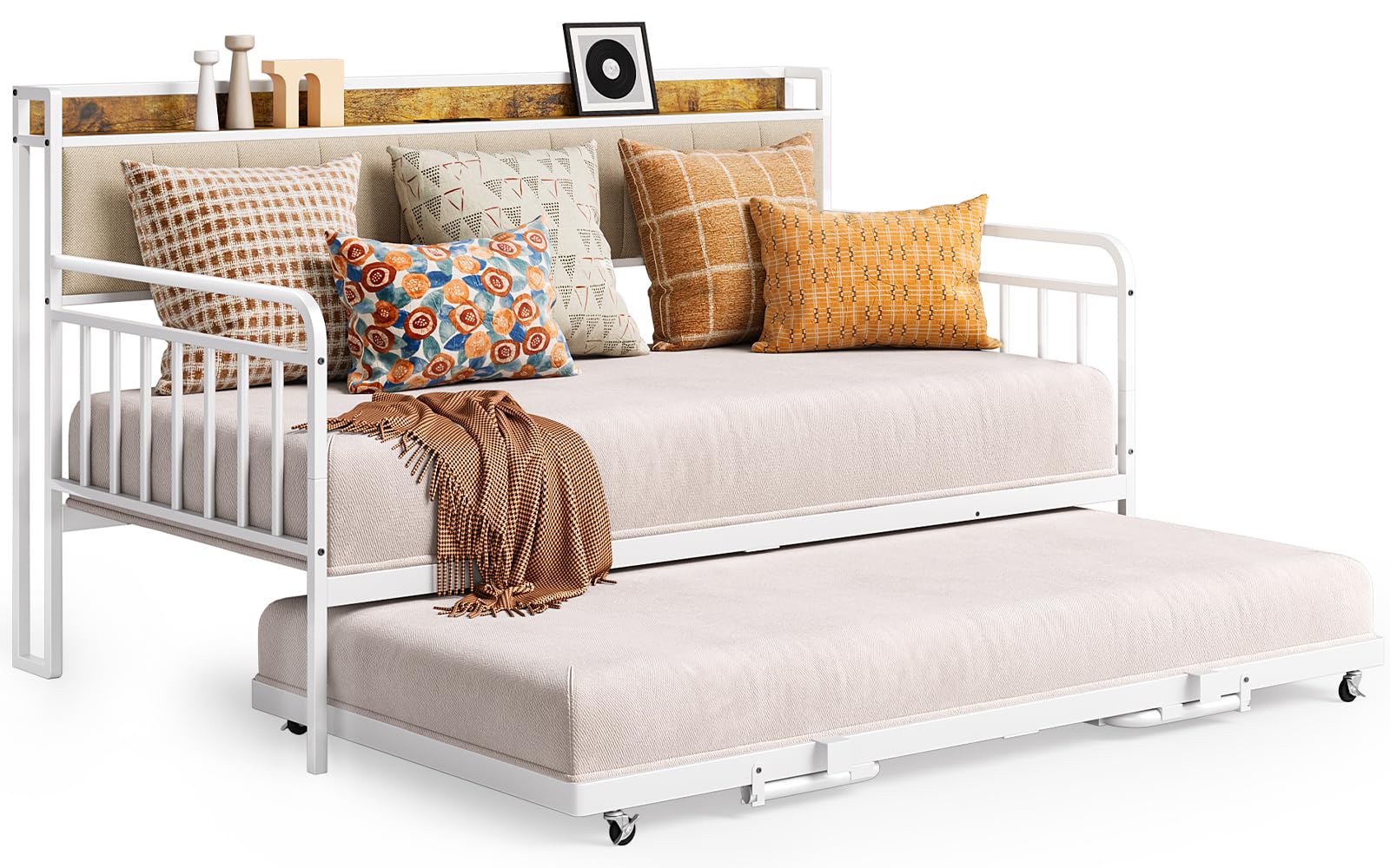 Aiho Daybed with Trundle, Twin Day Bed Frame with Storage Headboard and Charging Station, Sturdy Metal Sofa Bed with Pull-Out Trundle for Living Room, Bedroom and Guest Room - Beige