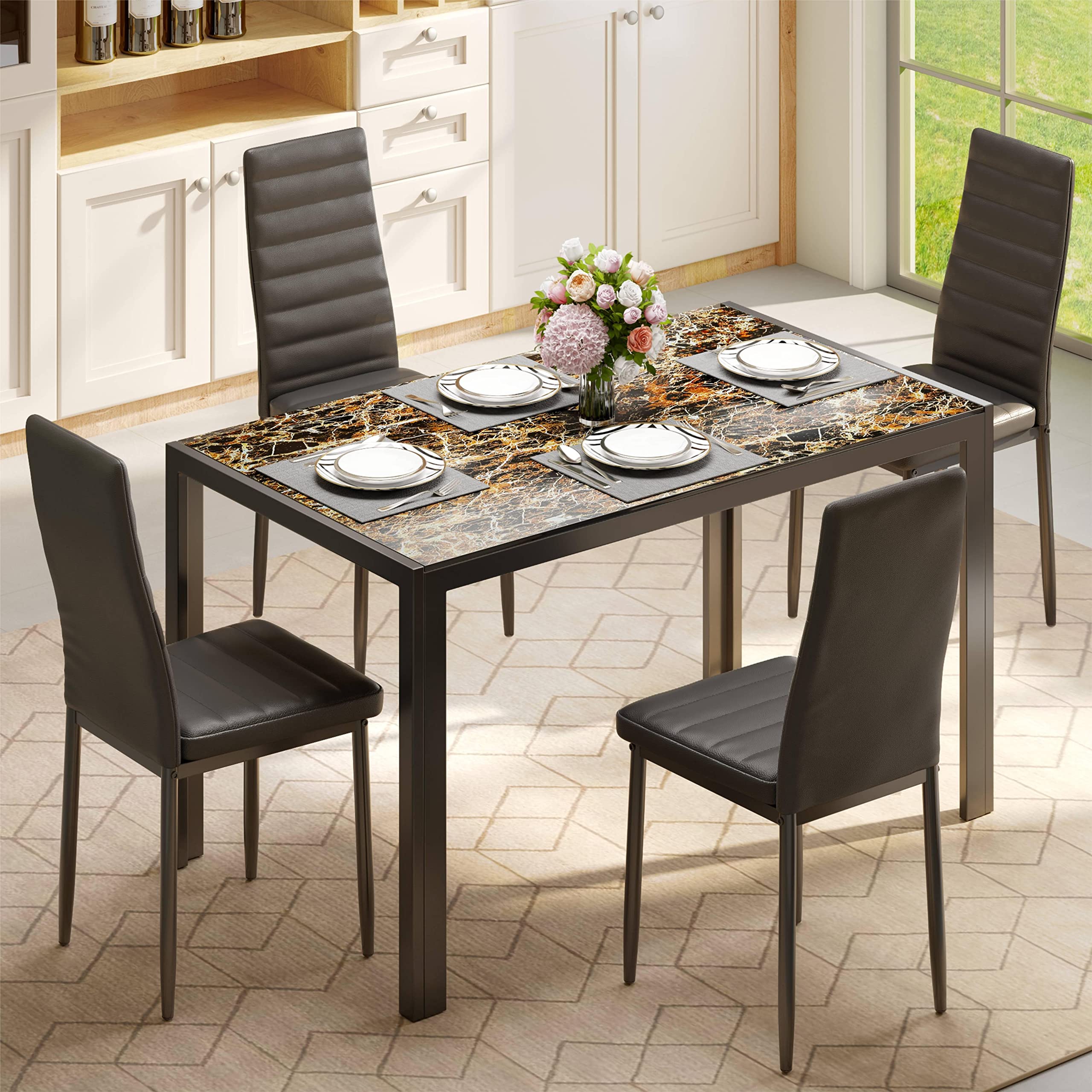 Aiho Dining Table Set for 4, Modern Glass Kitchen Table with 4 Cushioned Chairs , For Dining Room, Kitchen, Living Room - Marble
