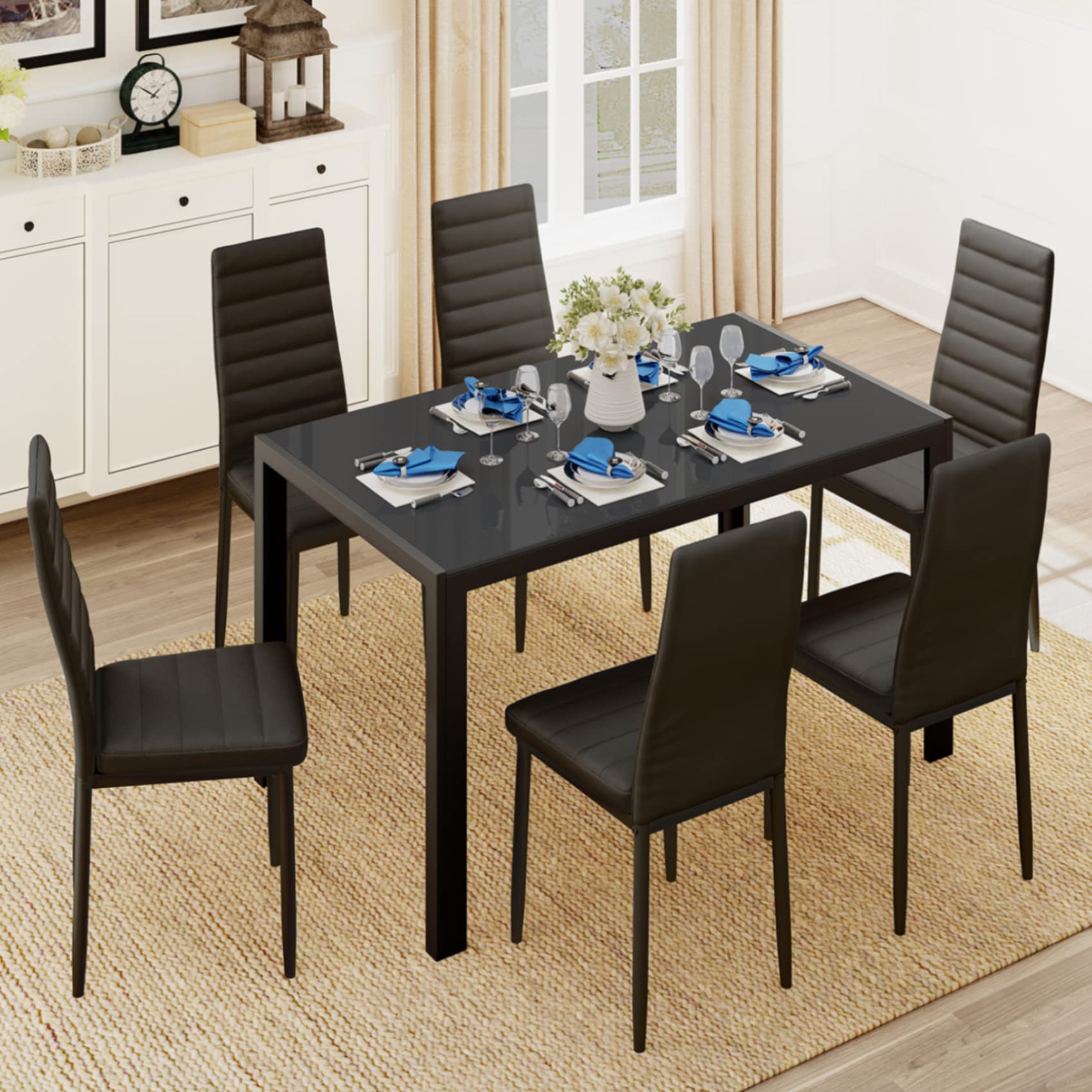 Aiho Dining Table with 6 PU Leather Chairs, Morden Kitchen Table Chairs Set for 6 Person, Perfect for Dining Room, Kitchen, Living Room, Black