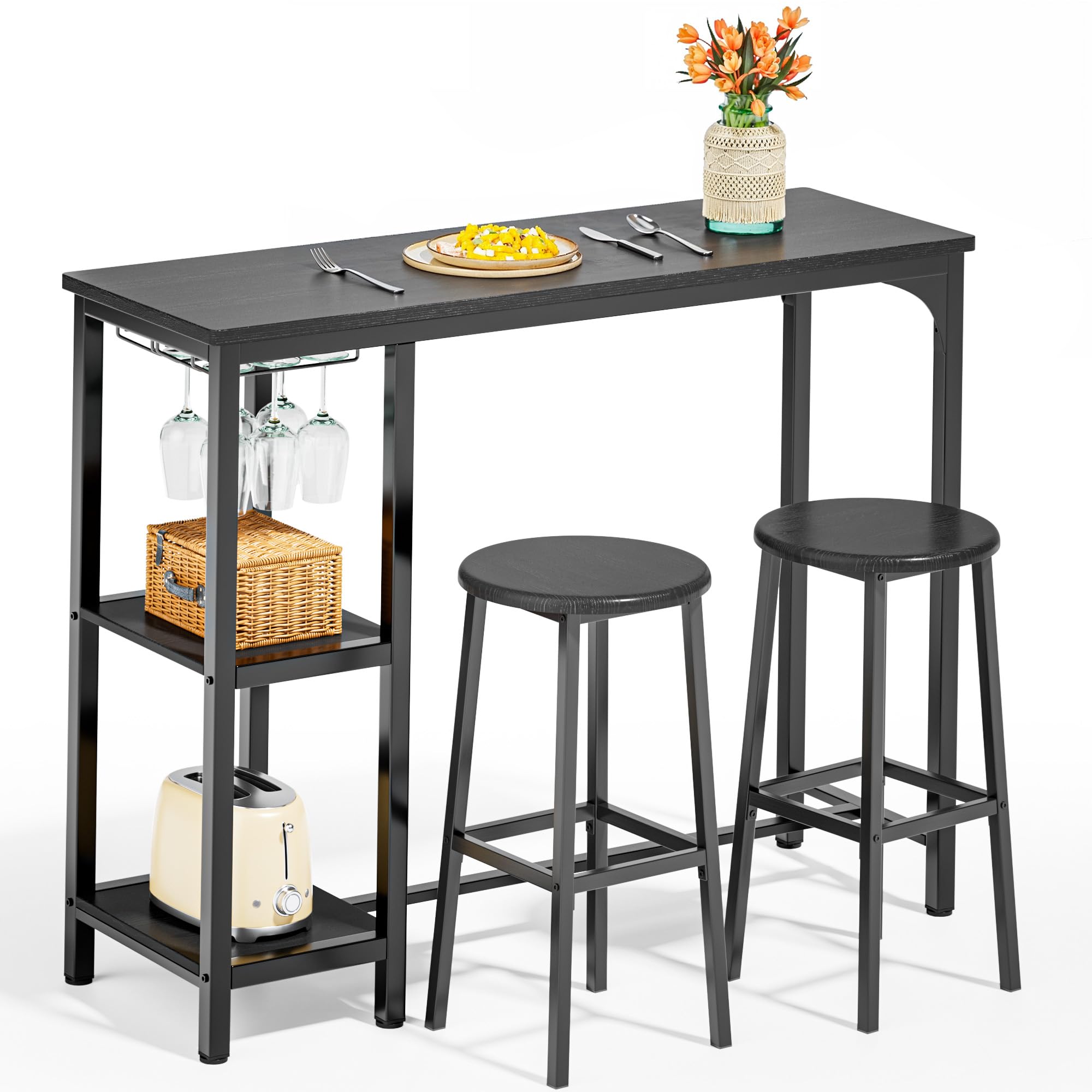 Aiho Dining Table Set for 2 Person, 3 Pieces Bar Bar Table and Chairs Set with 2 Storage Shelves & Glass Rack, For Kitchen, Dining Room, Bar, Black