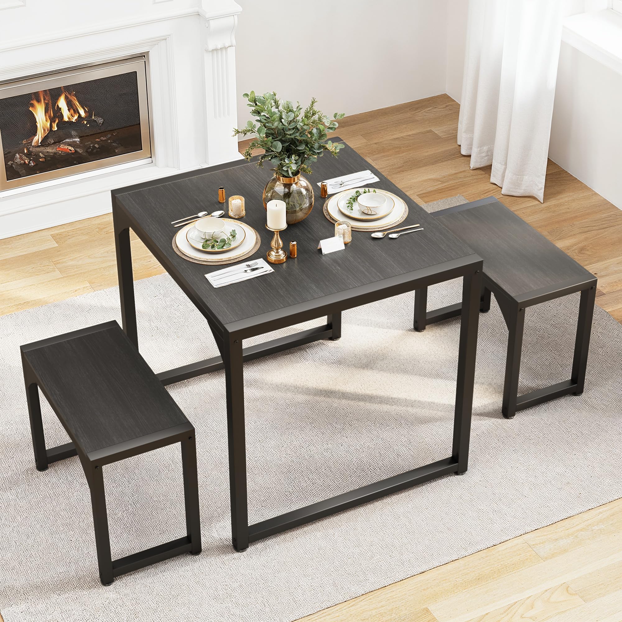 Aiho 25.6" Dining Table Set for 2, Kitchen Table with 2 Stools, Wood Dining Room Dinette Sets with Metal Frame for Breakfast Nook and Small Space - Black