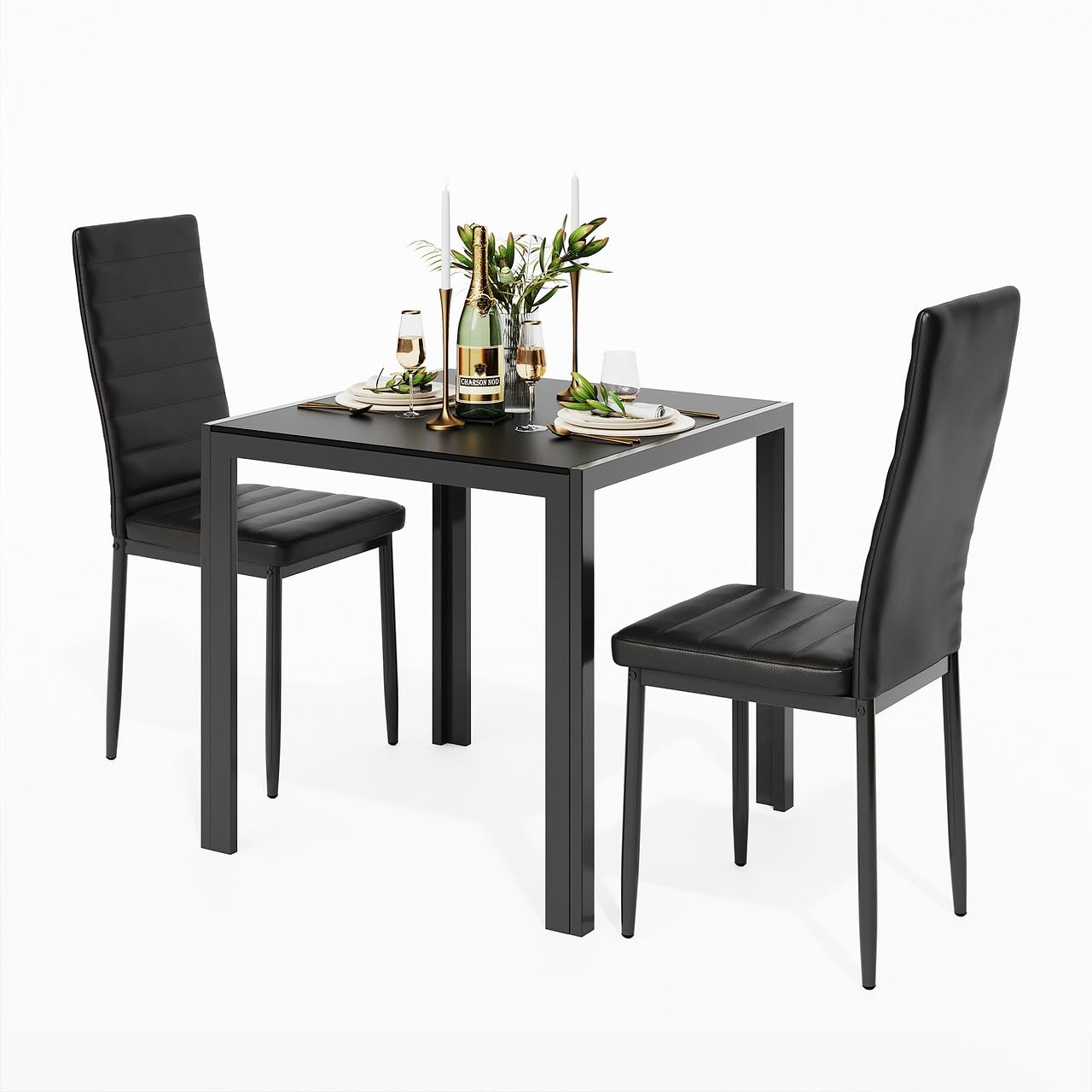Dining Table Set for 2 Person, Aiho Modern Kitchen Table with 2 PU Leather Chairs for Dining Room, Kitchen, Small Space, White