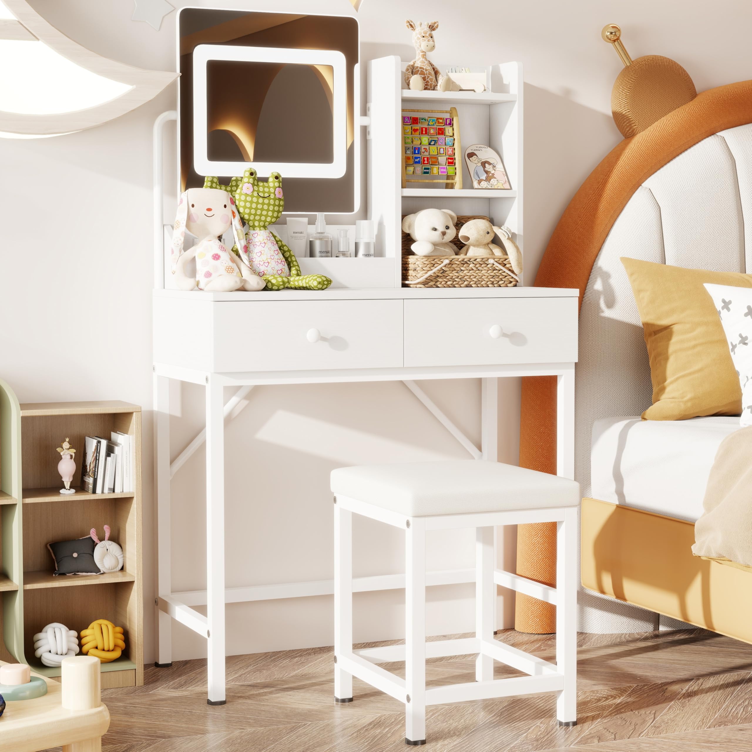 Aiho Makeup Vanity Desk with Vanity Stool, Storage Drawers and 3 Shelves, Vanity Desk with Square Mirror and Adjustable Lights, For Bedroom, Bathroom, Living Room and Closet Room-White