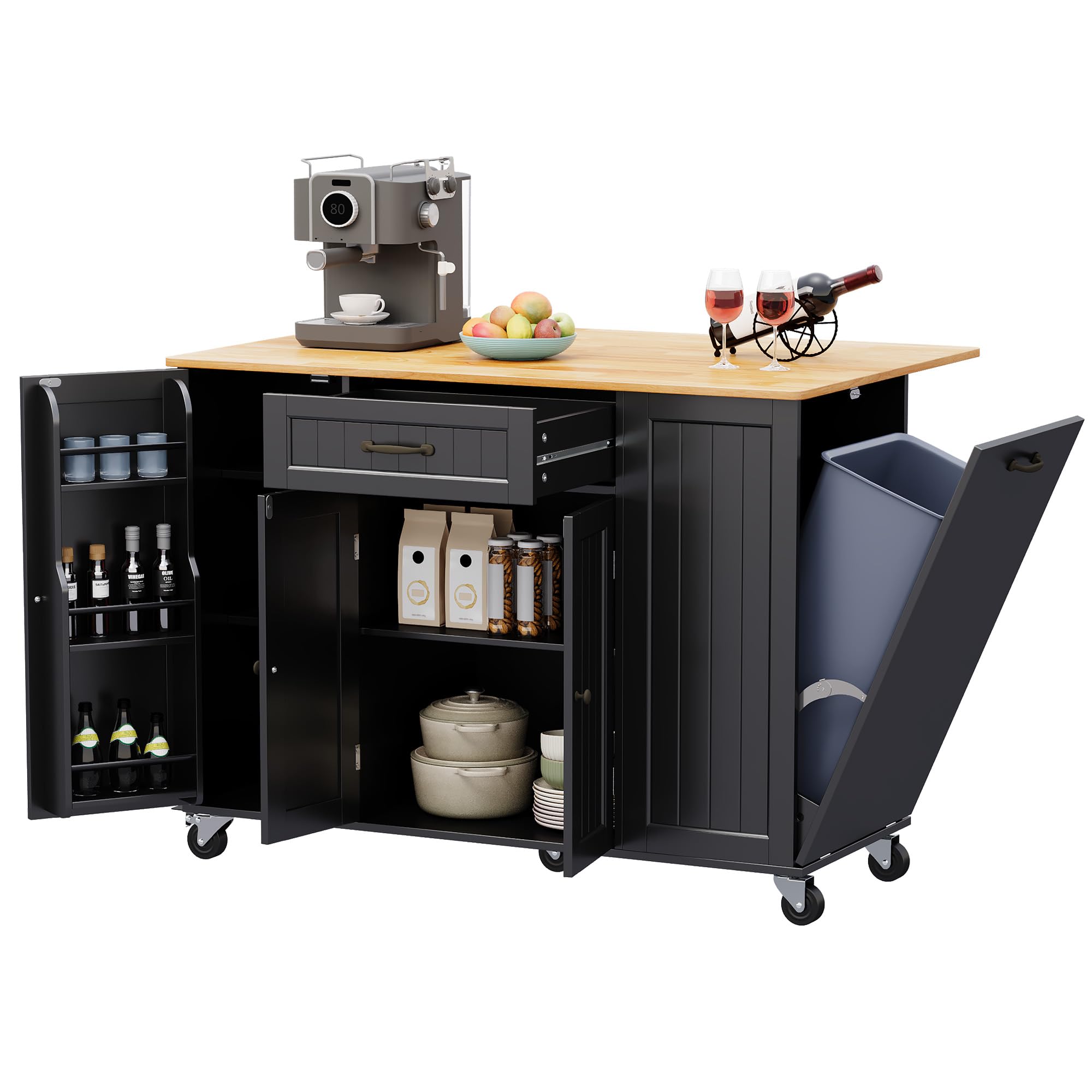 47.2"W Aiho Island Table for Kitchen with Folding Drop Leaf & Spice Rack & Drawer, Kitchen Island with Trash Can Storage for Kichen, Bar, Living Room, Black