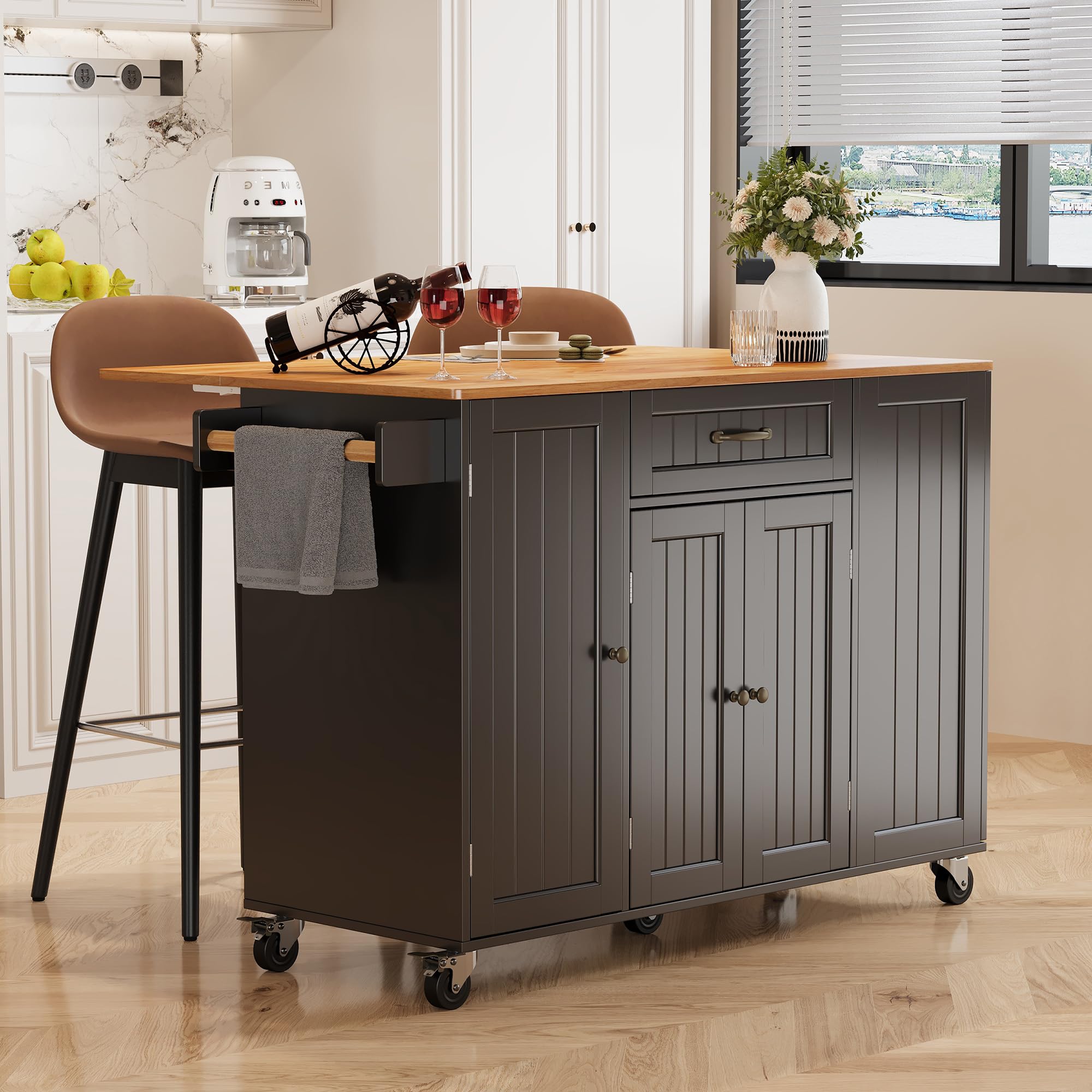 47.2"W Aiho Island Table for Kitchen with Folding Drop Leaf & Spice Rack & Drawer, Kitchen Island with Trash Can Storage for Kichen, Bar, Living Room, Black