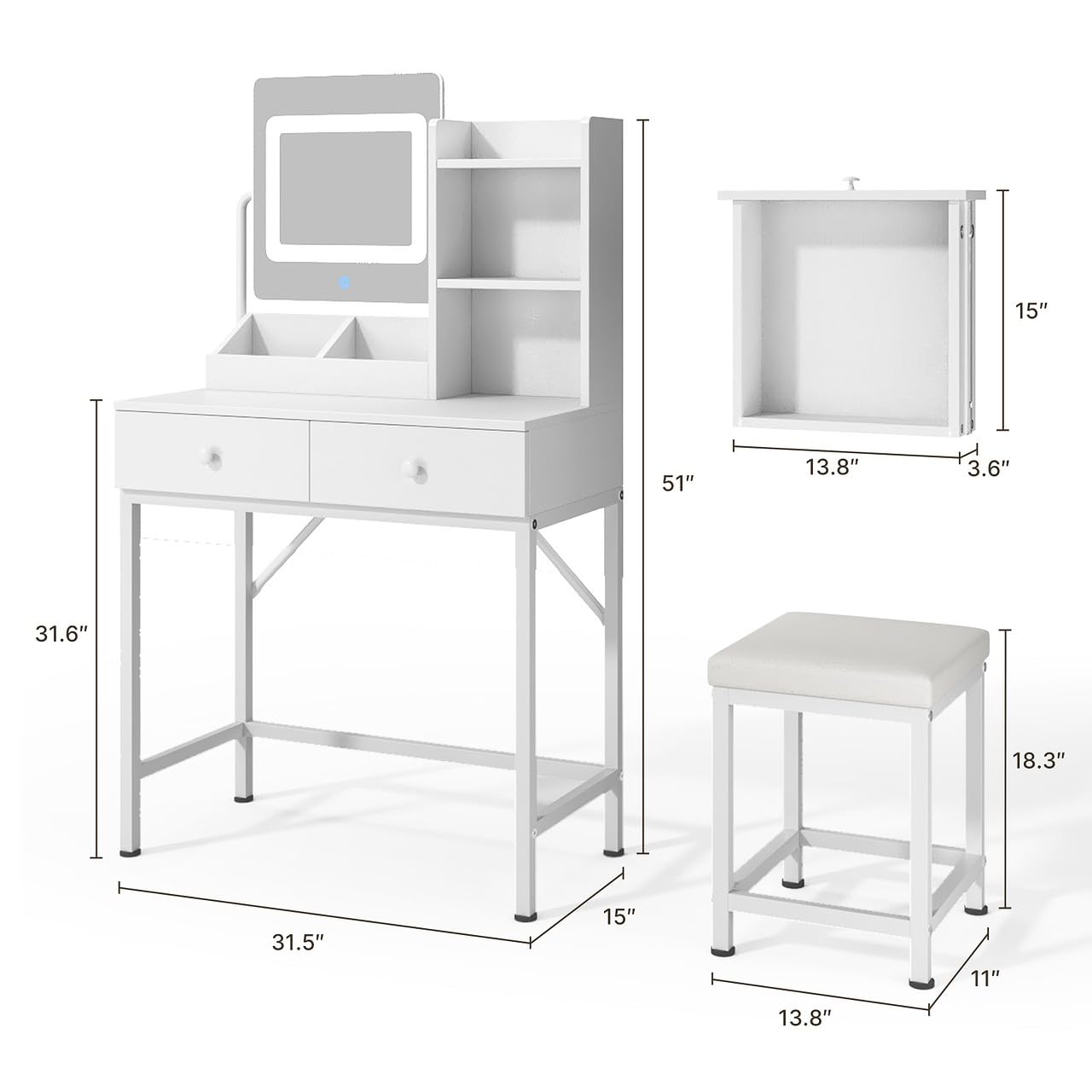 Aiho Makeup Vanity Desk with Vanity Stool, Storage Drawers and 3 Shelves, Vanity Desk with Square Mirror and Adjustable Lights, For Bedroom, Bathroom, Living Room and Closet Room-White