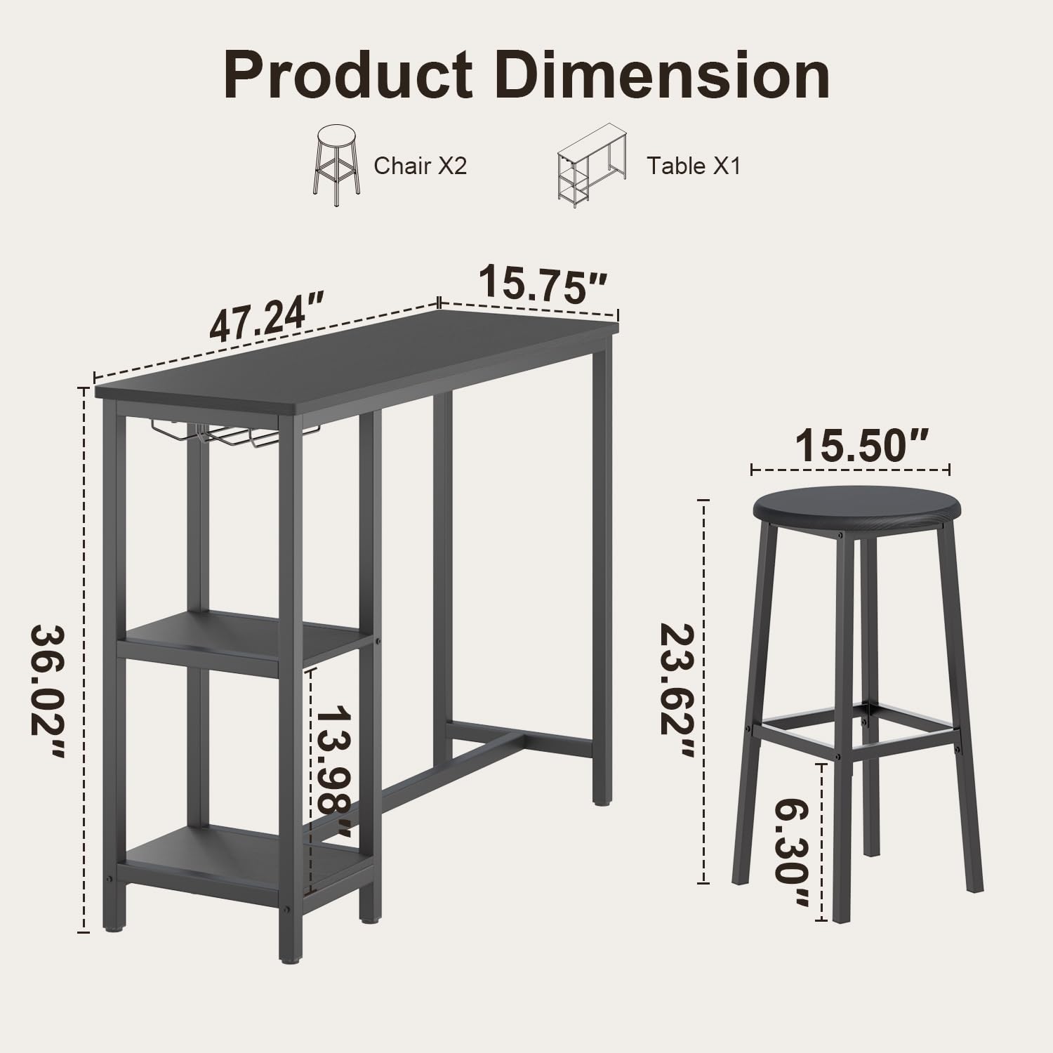 Aiho Dining Table Set for 2 Person, 3 Pieces Bar Bar Table and Chairs Set with 2 Storage Shelves & Glass Rack, For Kitchen, Dining Room, Bar, Black
