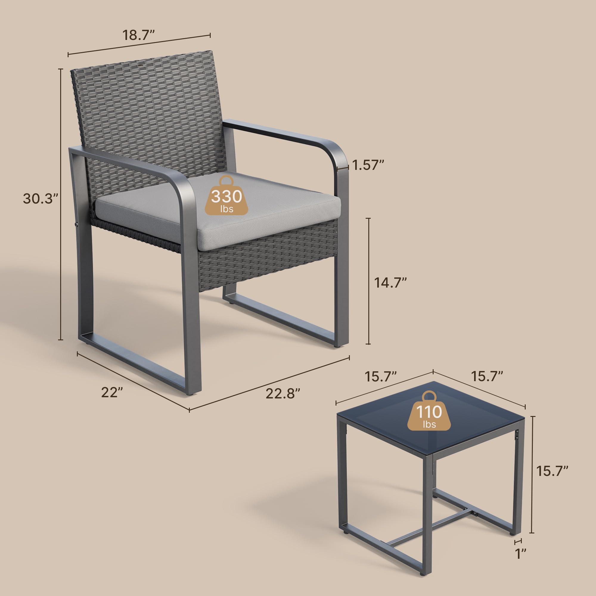 Aiho 3-Piece Outdoor Conversation Set - Gray