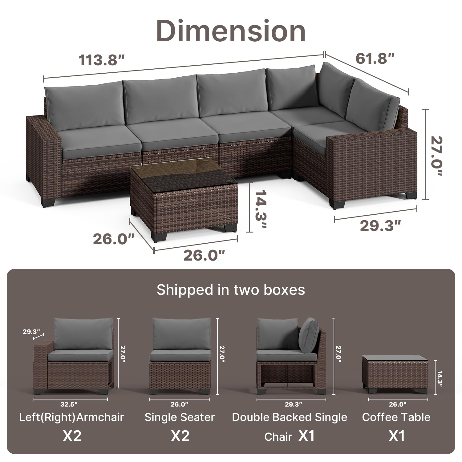 Aiho Outdoor Patio Furniture Set with All Weather Wicker, 6 Pieces Outdoor Sectional Sofa with Soft Cushions and Coffee Table, For Garden, Backyard, Poolside, Patio, Porch and Balcony - Gray