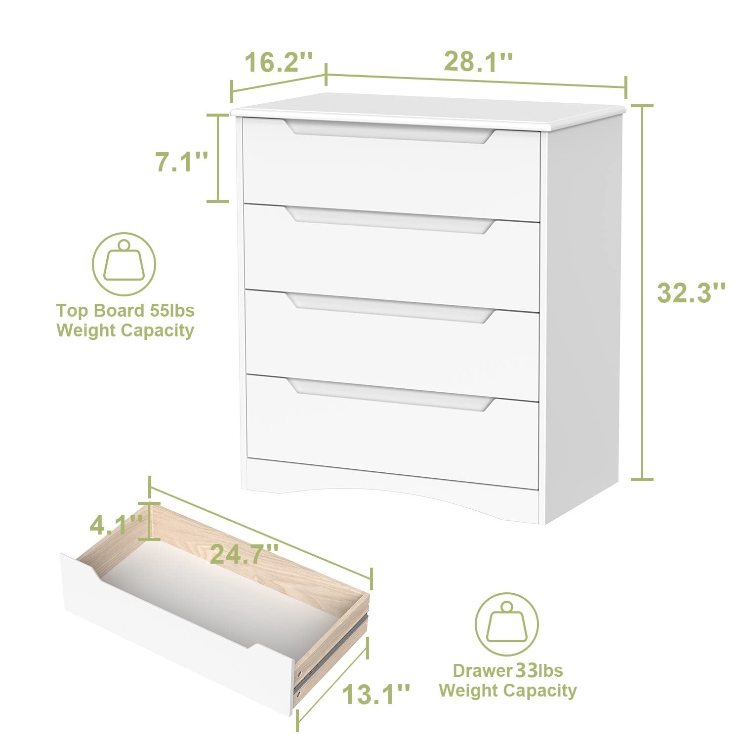 Aiho White 4 Drawer Dresser for Bedroom, Wooden Storage Organizer Cabinet for Living Room, Bedroom - White