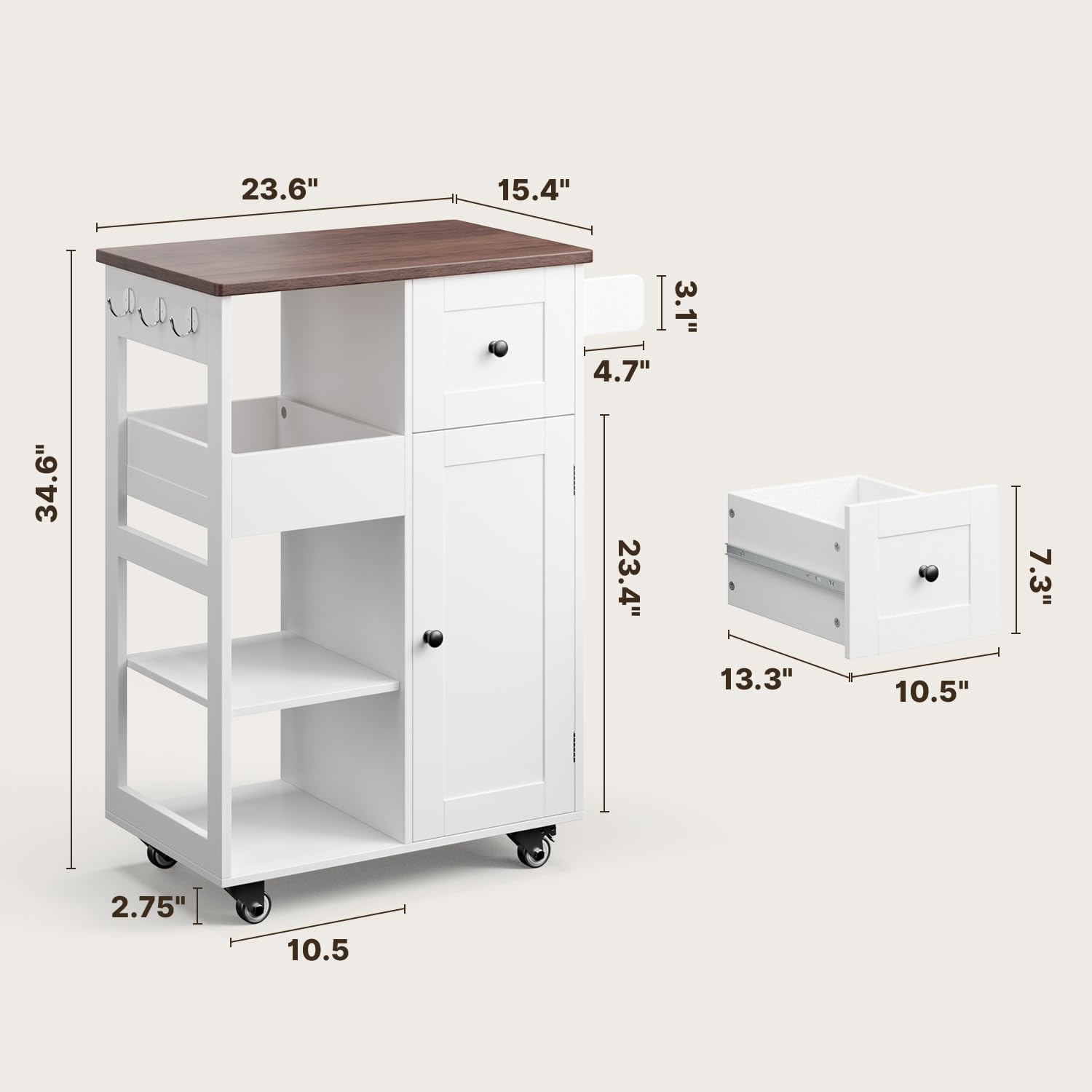 23.6" W Aiho Rolling Kitchen Island on Wheels with Spice Rack, Removable Tray, Drawers, Island Table for Kitchen with Adjustable Shelves, For Kitchen, Dining Room, Coffee Bar, White and Retro Tabletop