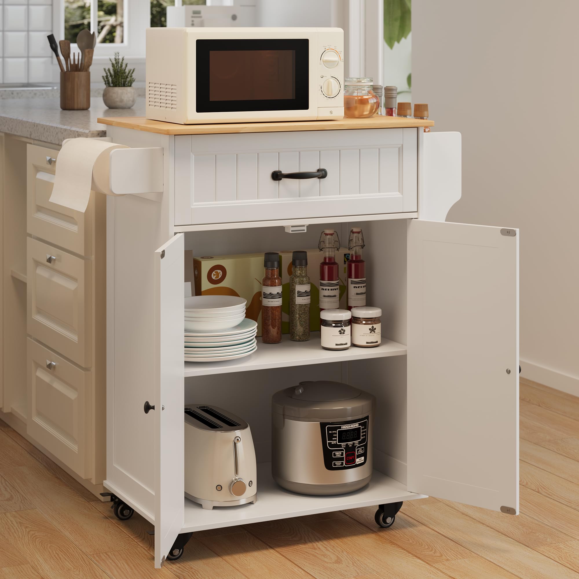 Aiho Kitchen Island Cart with Storage,Rolling Kitchen Island Side Table on Wheels with Worktop,Spice Rack ,Adjustable Shelves and Drawer for Kitchen,Dining Room - White