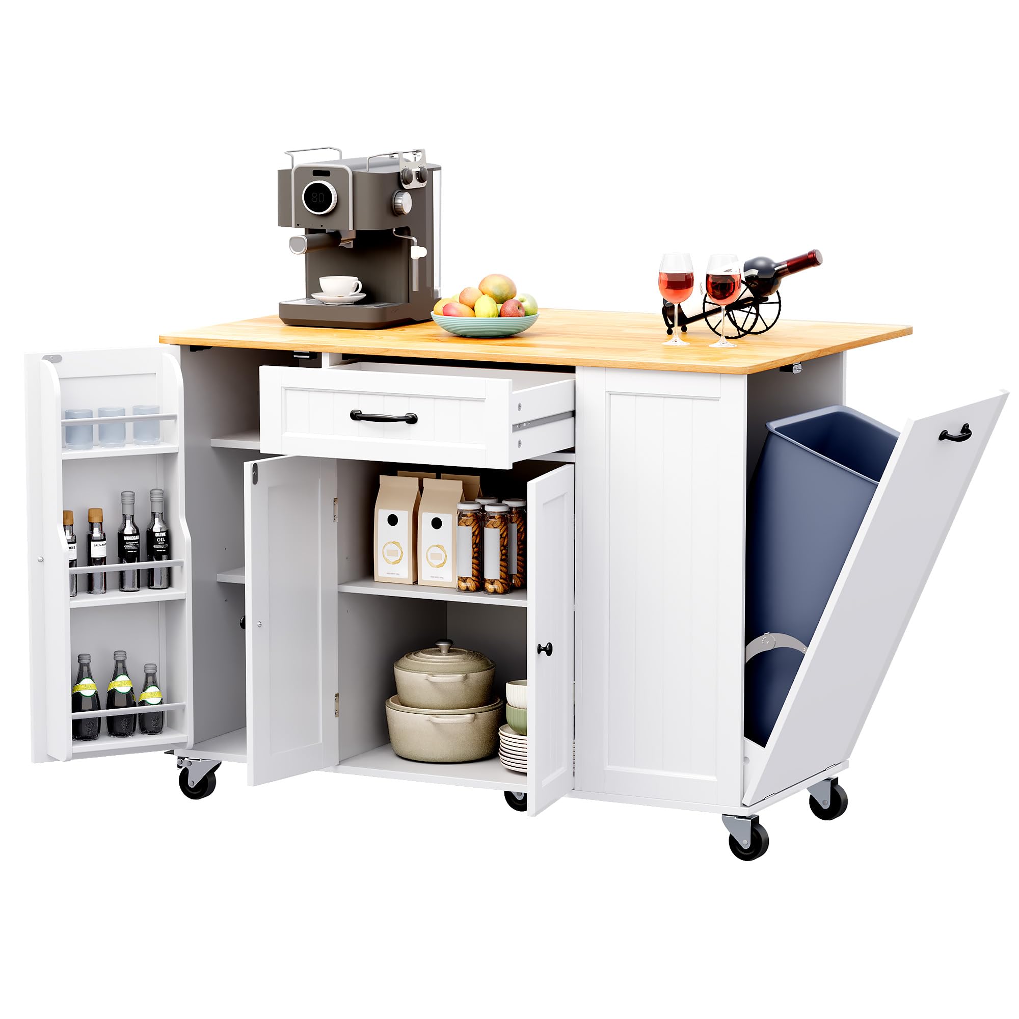 47.2"W Aiho Island Table for Kitchen with Folding Drop Leaf & Spice Rack & Drawer, Kitchen Island with Trash Can Storage for Kichen, Bar, Living Room, White