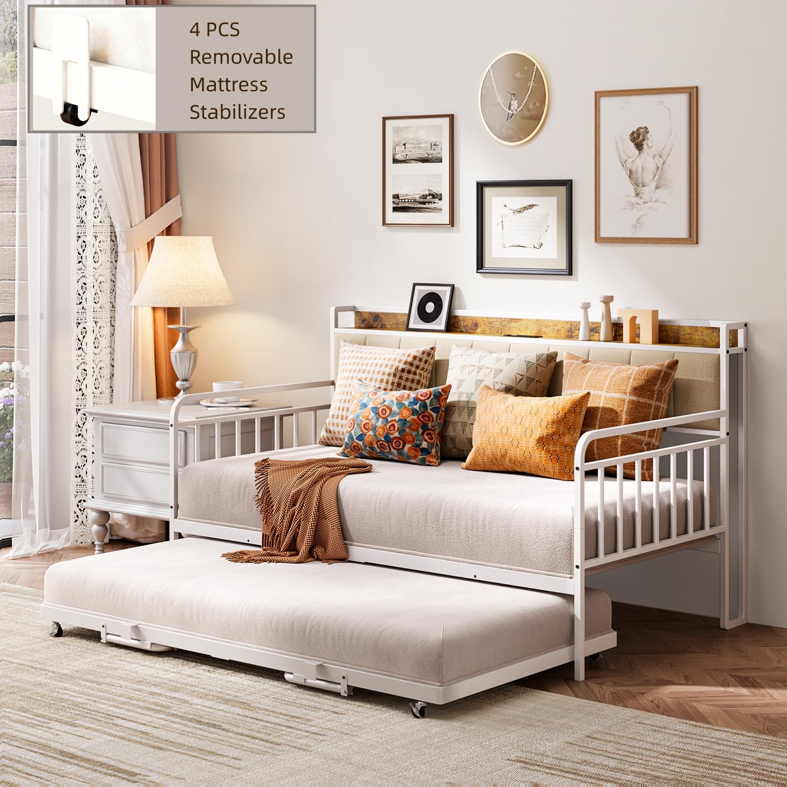 Aiho Daybed with Trundle, Twin Day Bed Frame with Storage Headboard and Charging Station, Sturdy Metal Sofa Bed with Pull-Out Trundle for Living Room, Bedroom and Guest Room - Beige
