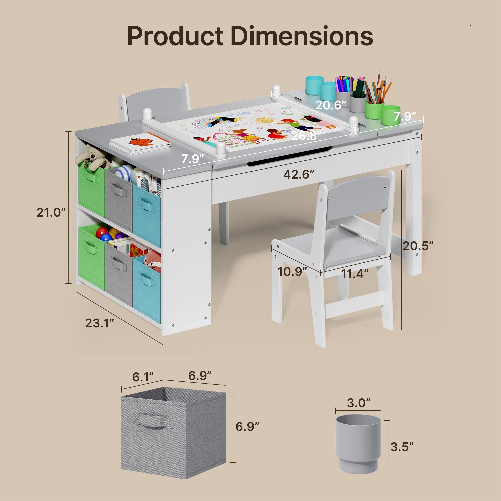 Aiho 3 in 1 Kid Table & Chair Set Drawing, Child Activity Table, Kids Table Set Painting with Cabinet - Grey