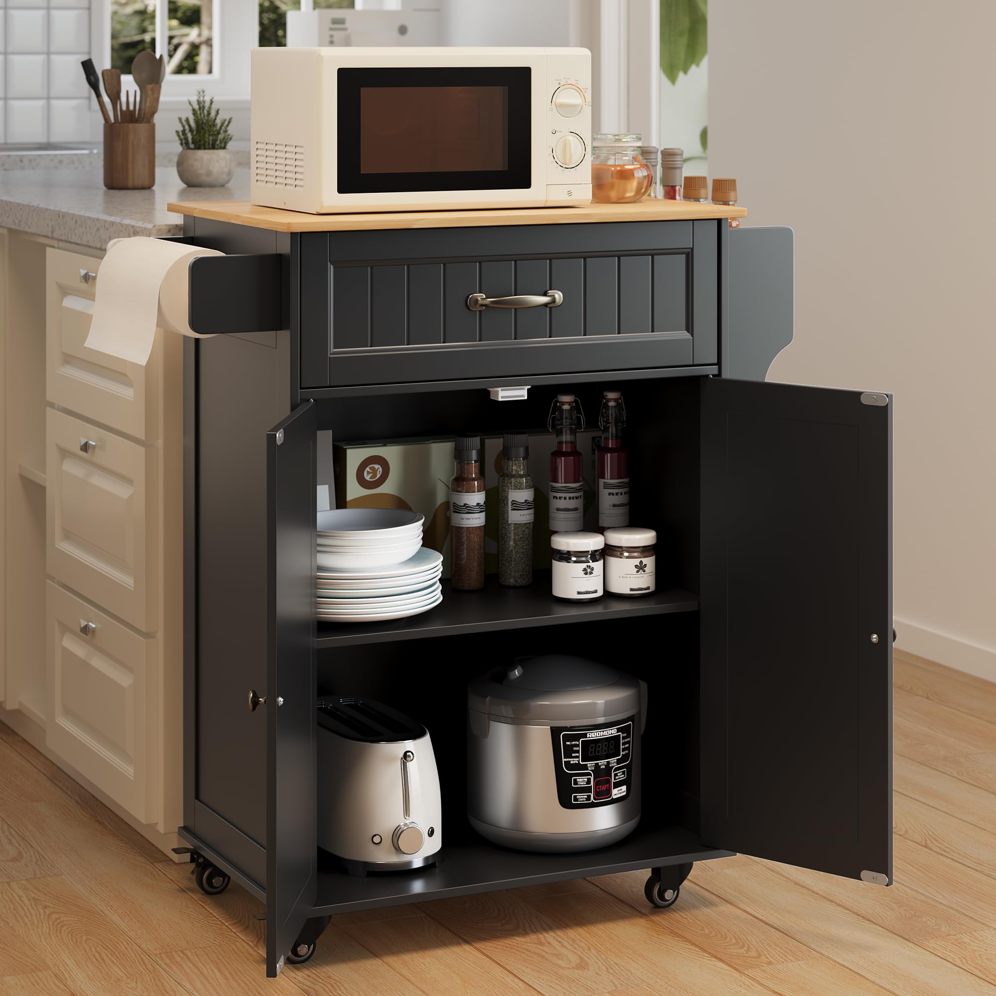 Aiho Kitchen Island with Storage, Microwave Stand with Worktop, Spice Rack & Adjustable Shelves & 1 Drawer, Perfect for Kitchen, Bar, Black