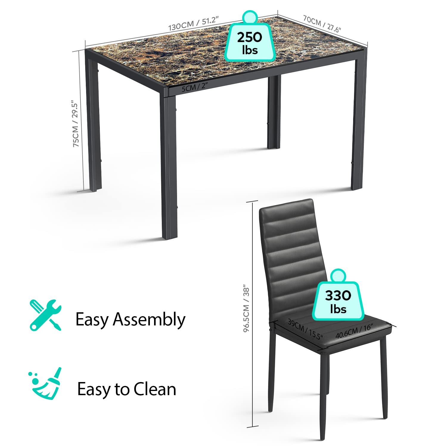 Aiho Dining Table with 6 PU Leather Chairs, Morden Kitchen Table Chairs Set for 6 Person, Perfect for Dining Room, Kitchen, Living Room, Marble