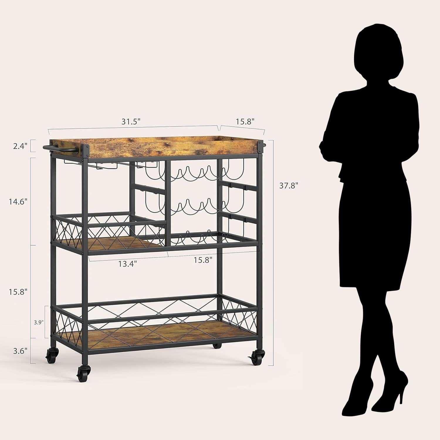 3 Tier 38 "H Metal Bar Serving Cart with Lockable Wheels and 12 Wine Racks