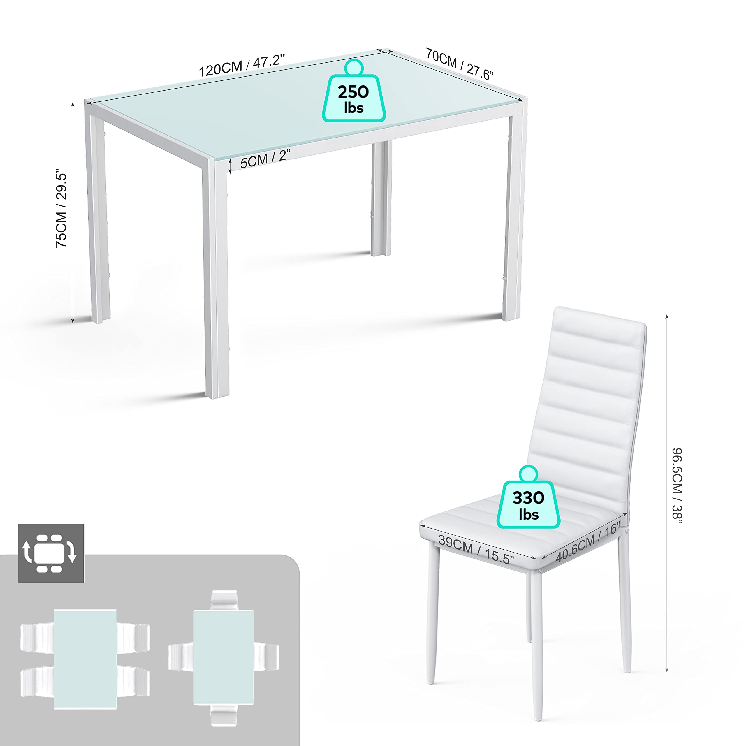 Aiho Dining Table with 6 PU Leather Chairs, Morden Kitchen Table Chairs Set for 6 Person, Perfect for Dining Room, Kitchen, Living Room, White