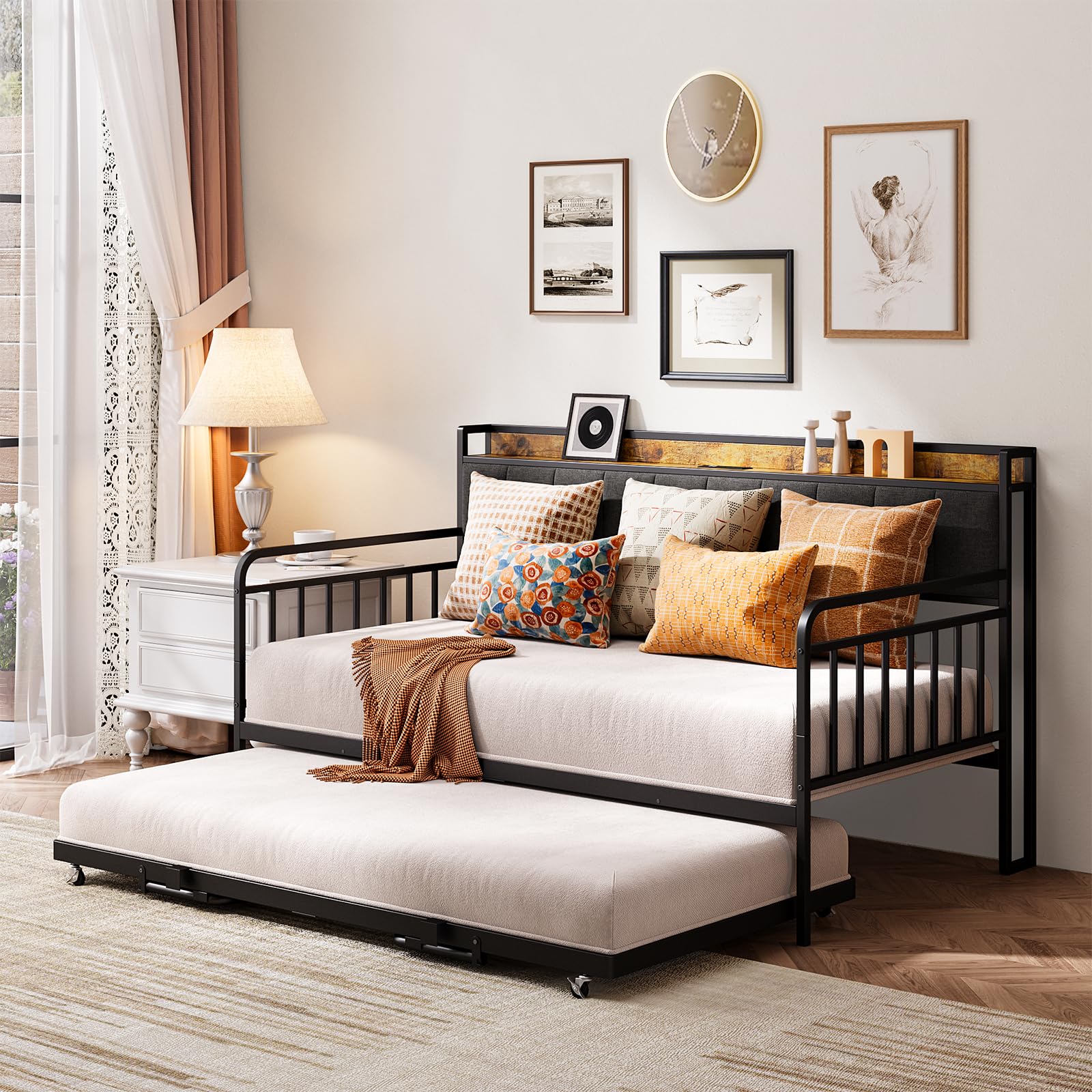 Aiho Daybed with Trundle, Twin Day Bed Frame with Storage Headboard and Charging Station, Sturdy Metal Sofa Bed with Pull-Out Trundle for Living Room, Bedroom and Guest Room - Grey