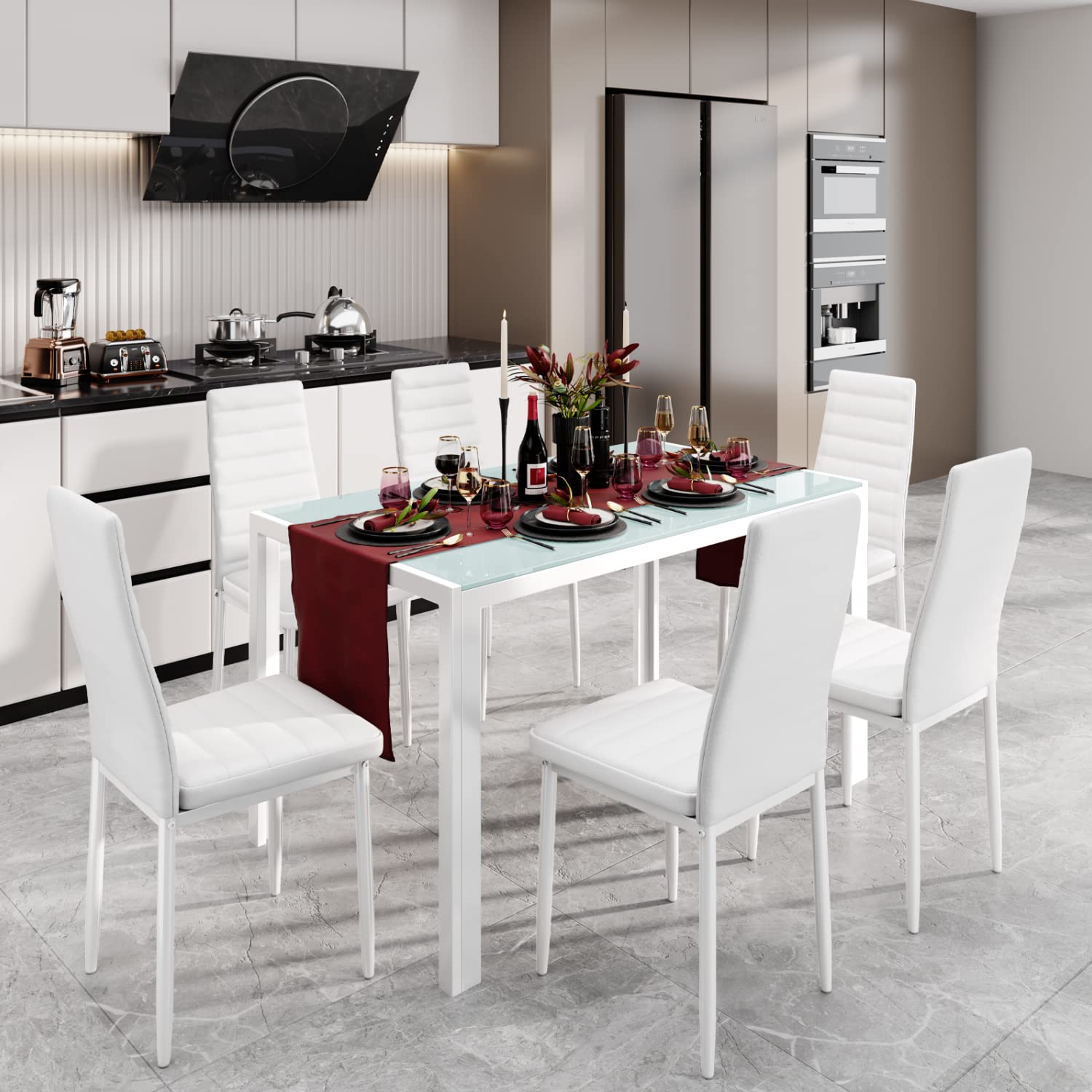 Aiho Dining Table with 6 PU Leather Chairs, Morden Kitchen Table Chairs Set for 6 Person, Perfect for Dining Room, Kitchen, Living Room, White