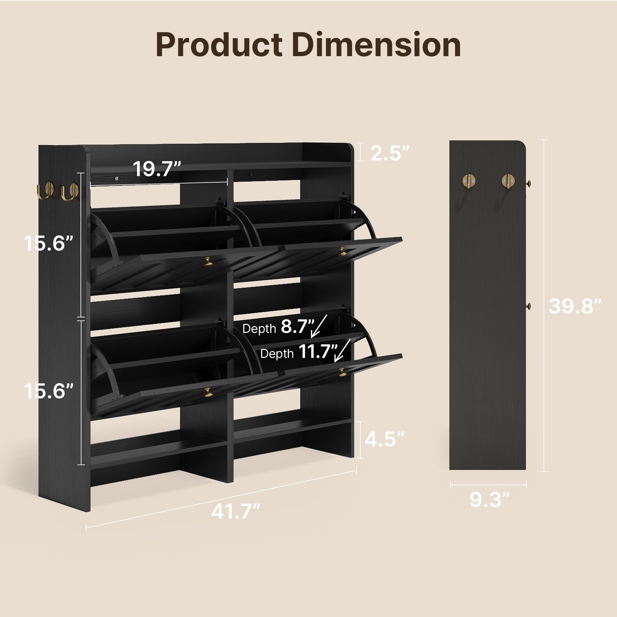 Aiho Shoe Storage Cabinet with 4 Flip Drawers and with Open Storage, MDF Wood Narrow Shoe Cabinet, For Foyer, Hallway, Porch, Living Room, Balcony, Bedroom-Black