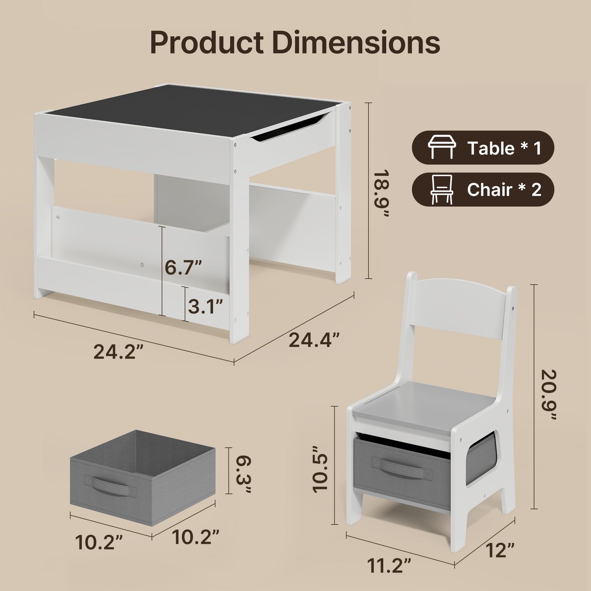 Aiho 3 Piece Child Table and Chair Set, 4-in-1 Kids Table Set, Child Activity Desk with Chalkboard/Whiteboard and Bookshelf - Gray