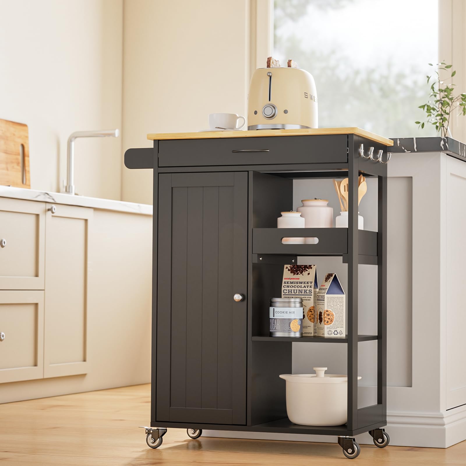 Aiho Kitchen Island Cart on Wheels with Towel Bar and Hooks, Rolling Mobile Serving Utility Cart with Drawer and Adjustable Shelves, White