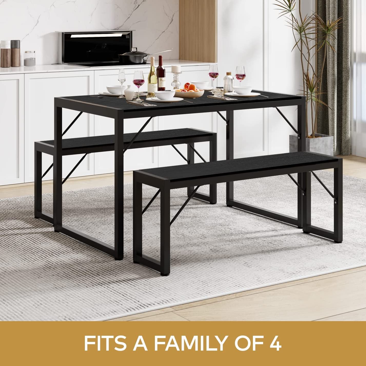 Aiho 3 Piece Kitchen Dining Set with 2 Benches &amp; Wood Table Top, Small Kitchen Table Set for 4, Modern Dining Room Sets for Kitchen, Living Room - Black