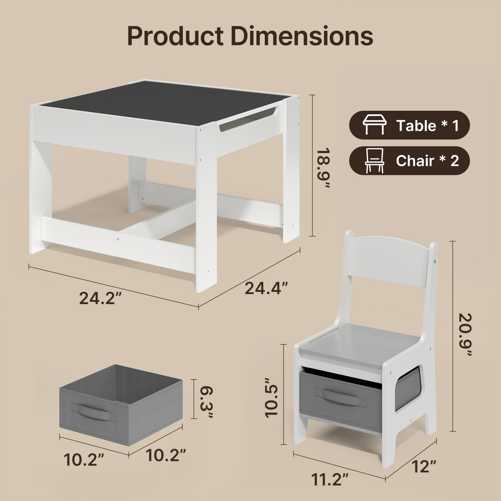 Aiho Kids Table and 2 Chairs Set, 4-in-1 Kids Table Set, Child Activity Desk with Chalkboard/Whiteboard - Gray