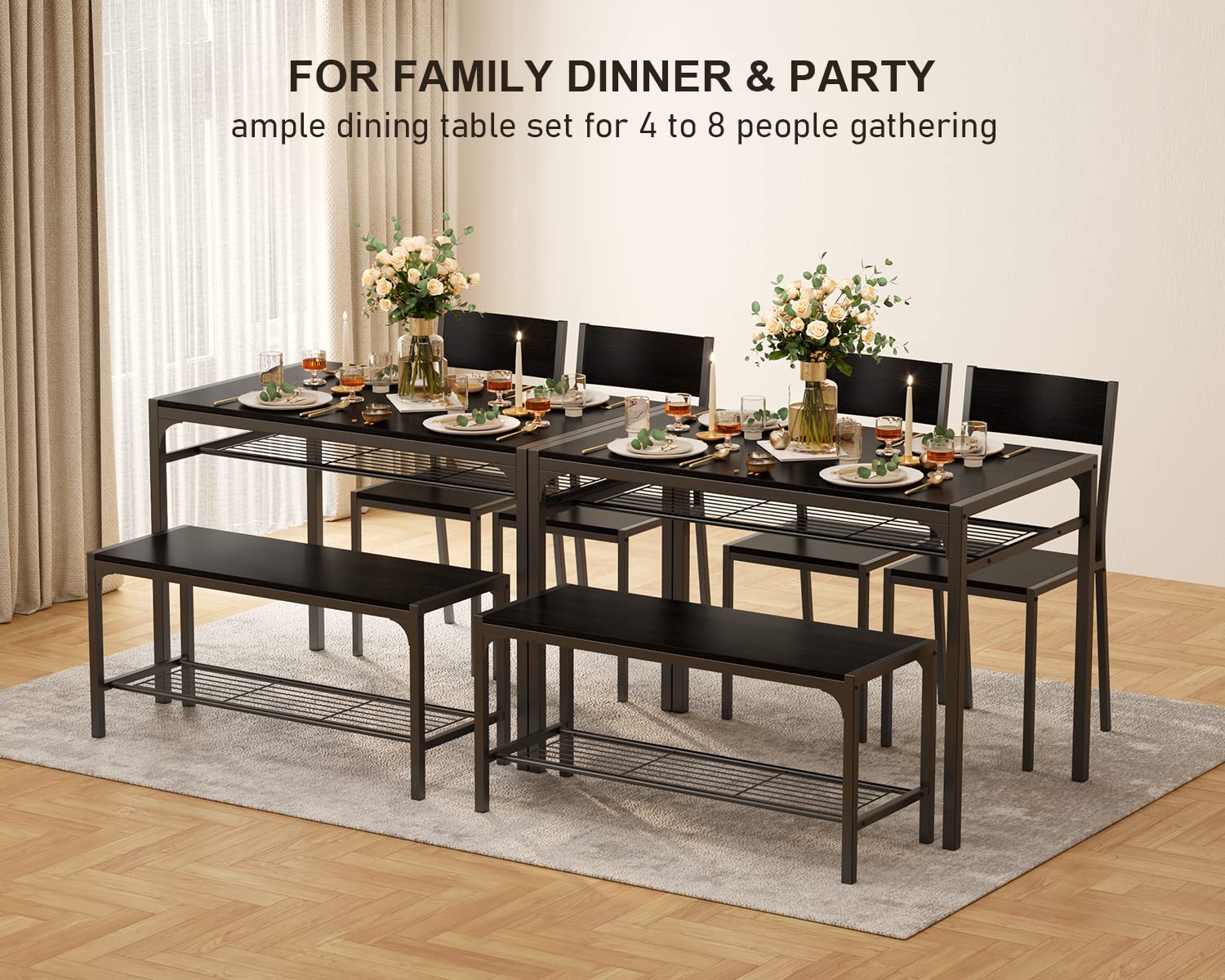 Aiho Dinning Table for 4, Kitchen Table and 2 Chairs for 4 with Bench, 4 Piece Dining Table Set for Small Space, Apartment - Black