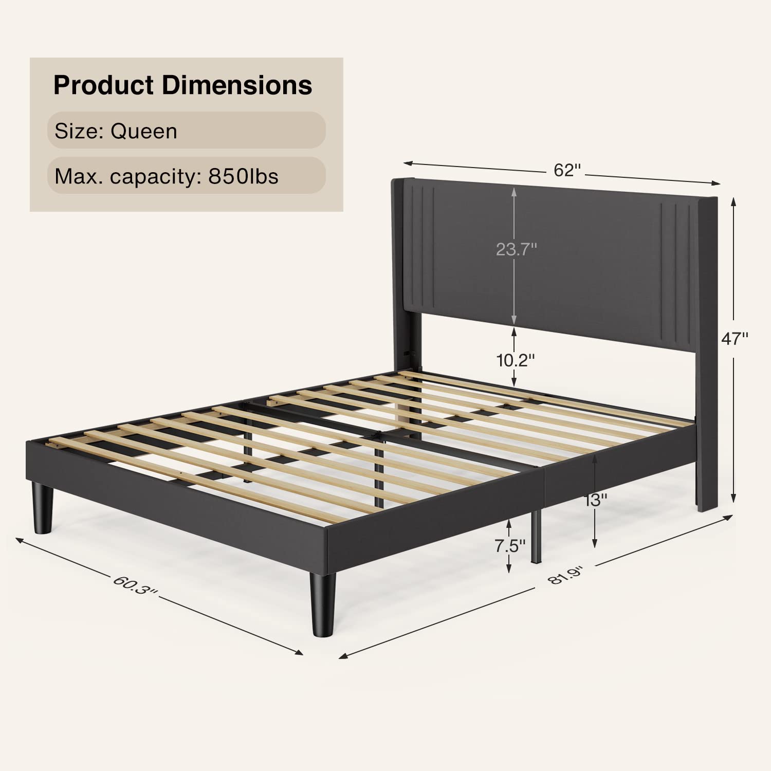 Upholstered Platform Bed, Aiho Queen Size Bed Frame with Underneath Storage & Modern Wingback Headboard & No Box Spring Needed - Gray