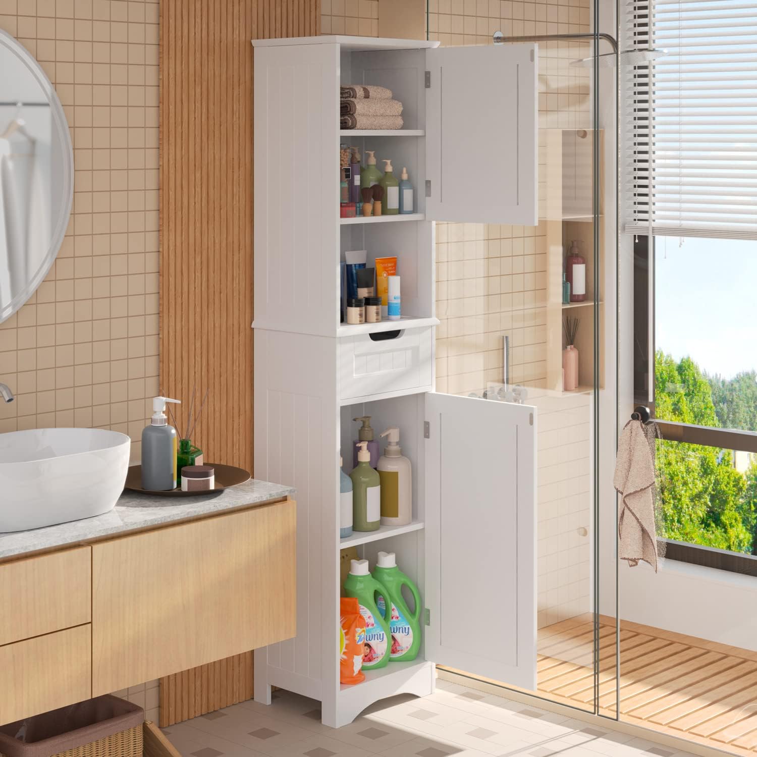 Aiho Bathroom Storage Cabinet, White Linen Cabinet, Narrow Tall Cabinet Storage Tower with Door ,Drawer and Open Storag