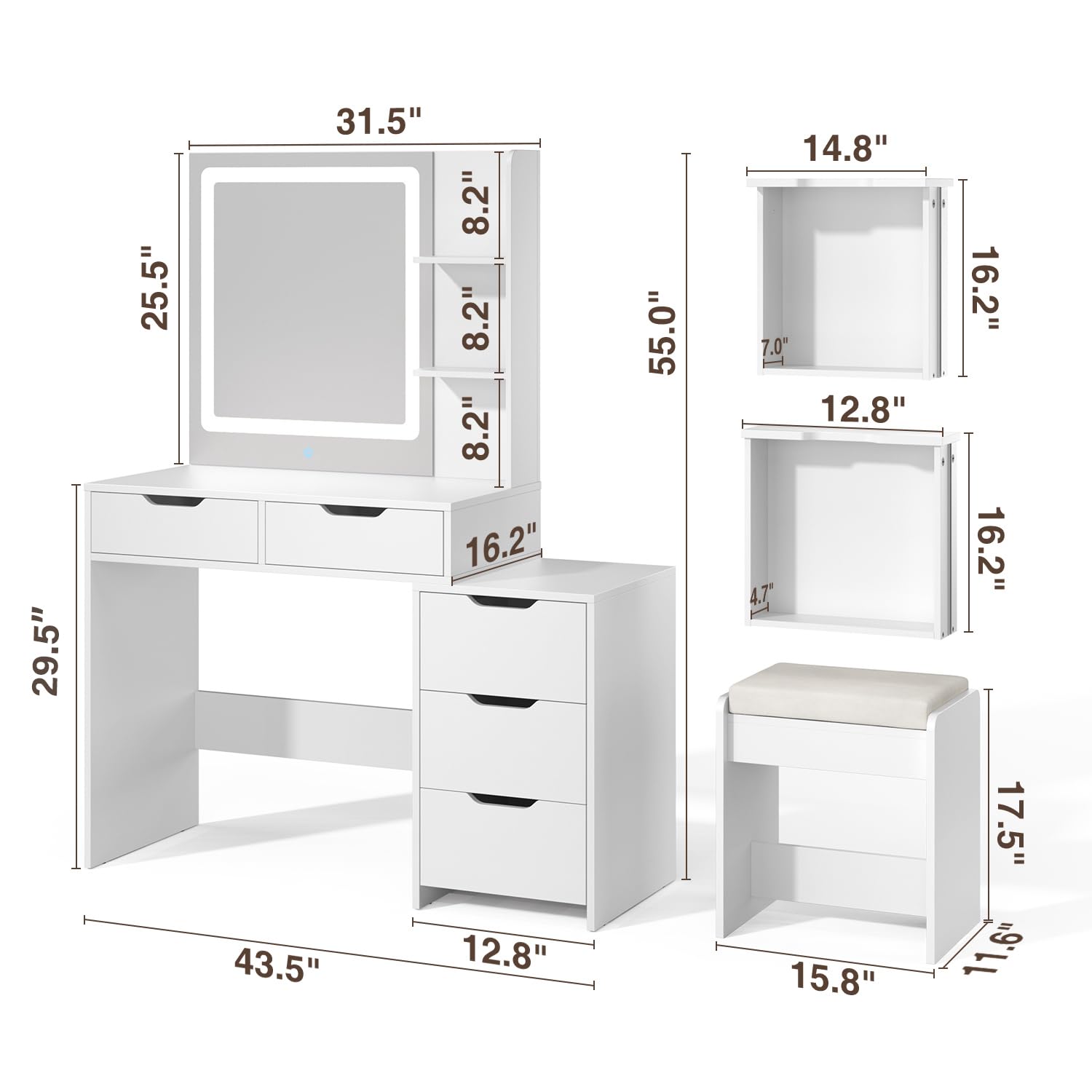 Aiho Vanity Set with Square Mirror and 3 Colors Adjustabe Lights, Makeup Vanity Desk with 5 Drawers, 3 Shelves and Vanity Stool, For Bedroom, Bathroom, Living Room and Closet Room-White