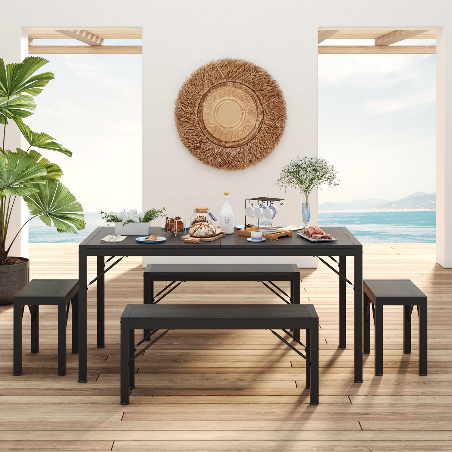 Aiho 63" Dining Table Set for 6, Kitchen Table with 2 Stools & 2 Benches, Wood Dining Room Dinette Sets with Metal Frame for Breakfast Nook and Small Space - Black