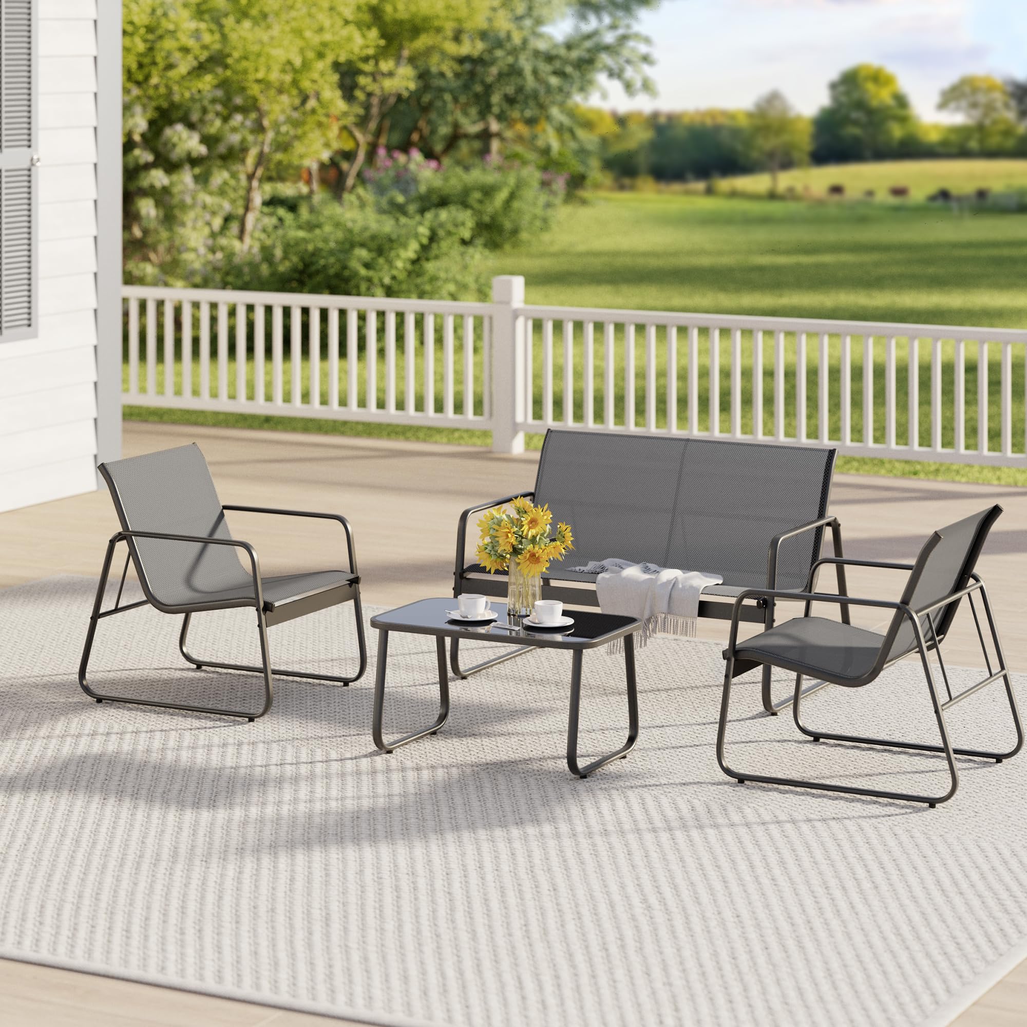 Aiho 3 Pieces Outdoor Patio Furniture Set with Textilene Material, Outdoor Chairs Set of 3 with Tempered Glass Table, Perfect for Garden, Lawn, Patio, Pool, Backyard, Balcony, Porch-Gray