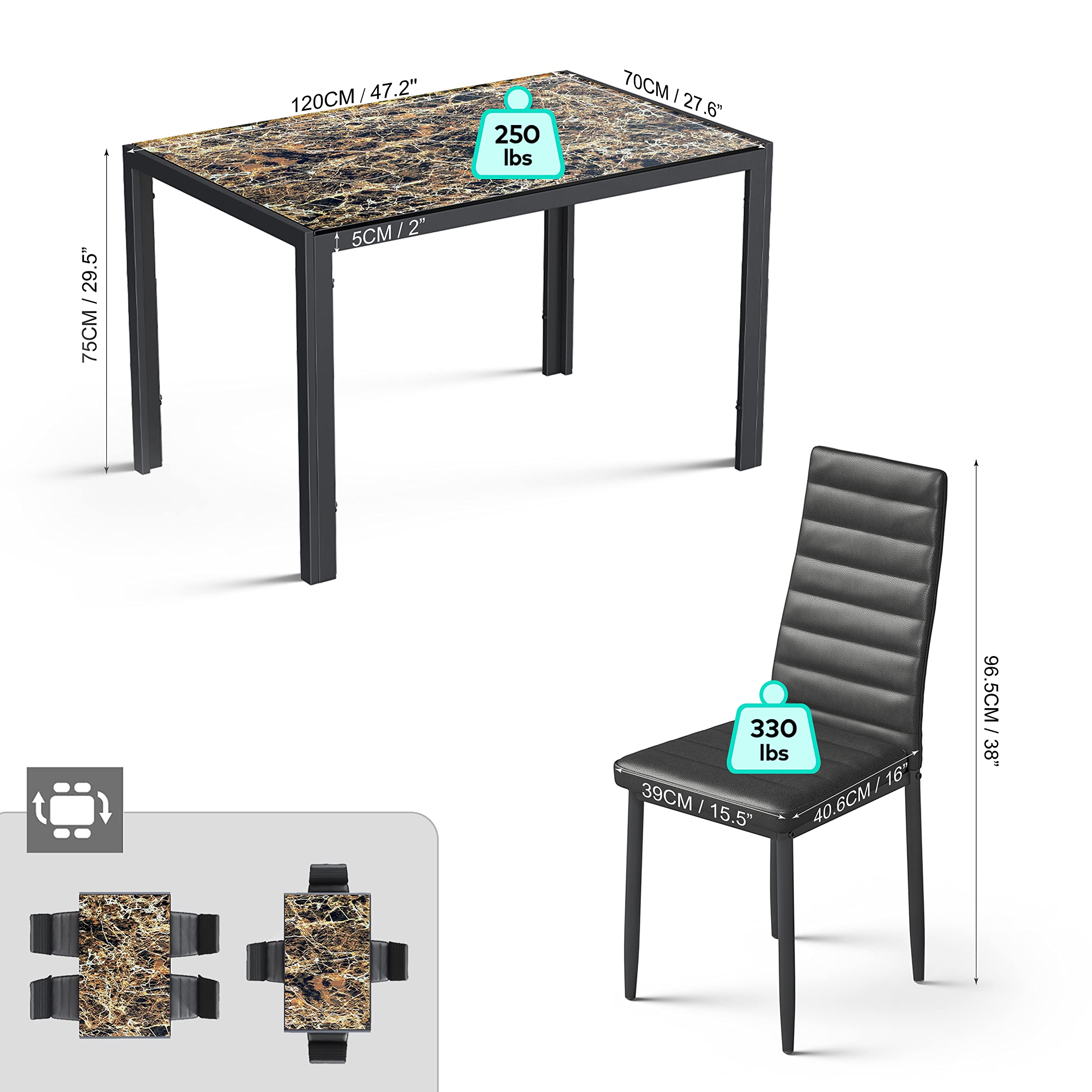 Aiho Dining Table Set for 4, Modern Glass Kitchen Table with 4 Cushioned Chairs , For Dining Room, Kitchen, Living Room - Marble