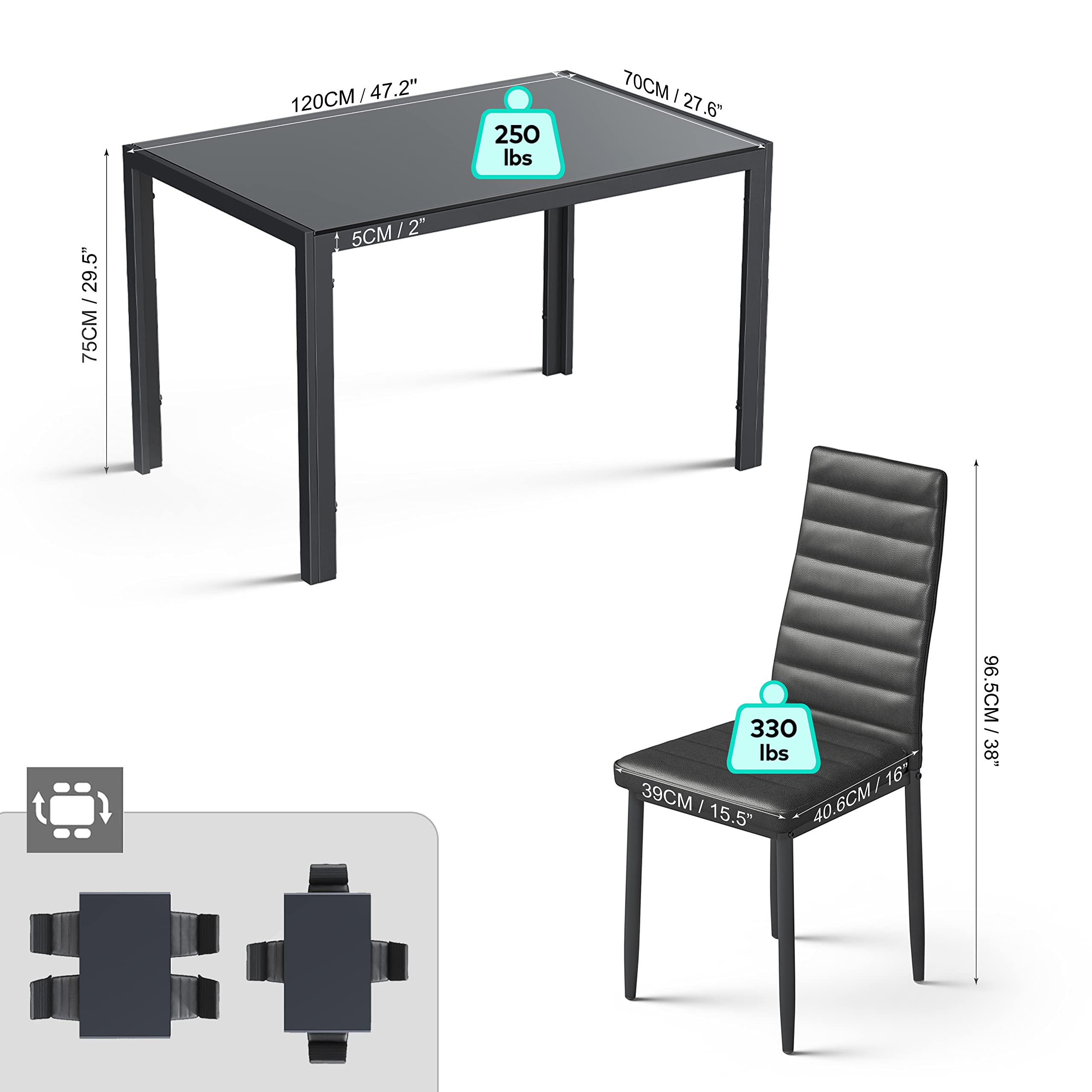 Aiho 5 Piece Kitchen Dining Set with 4 PU Leather Chairs and Glass Table Top, Glass Dining Set for 4, Modern Dining Room Sets for Kitchen, Living Room - Black